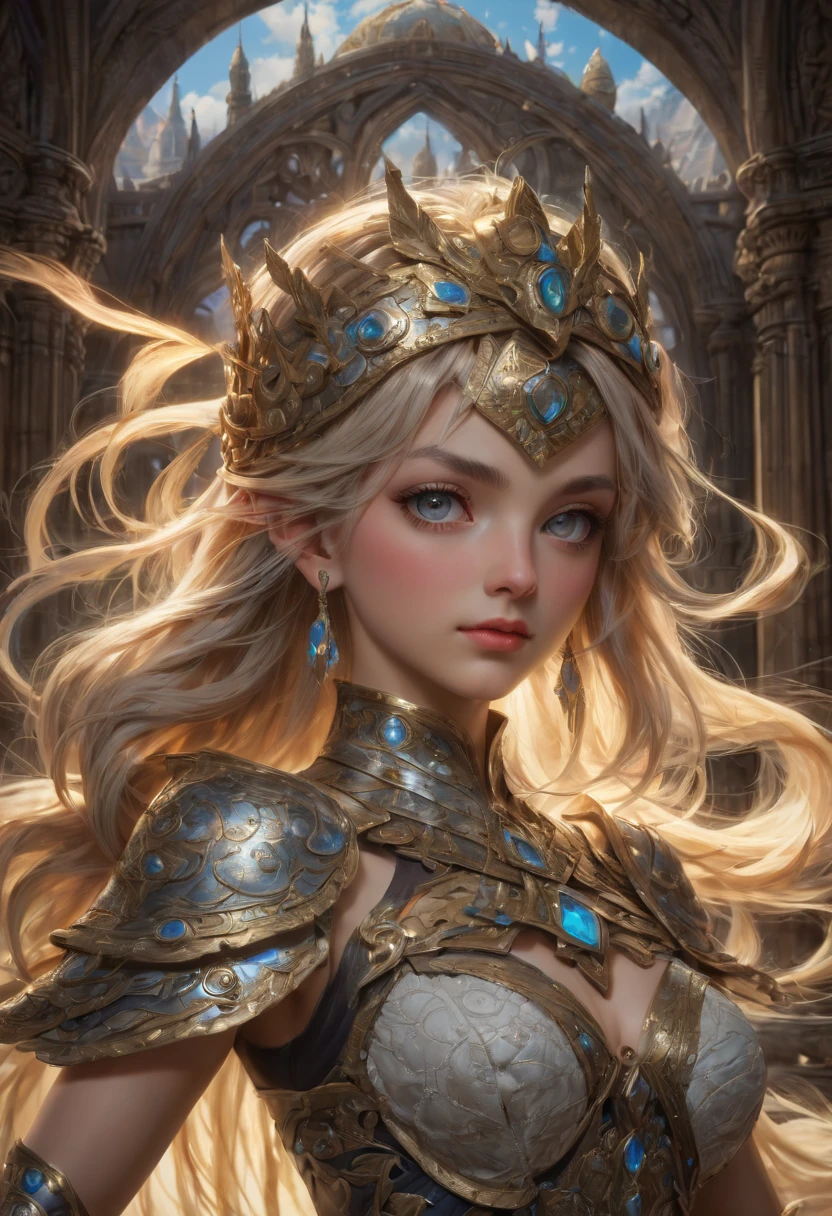 upper body of paladin lady in ornate golden armor, black collar, pauldrons, breastplate, corset, glowing halo, single braid, blonde, yellow glowing eyes, bright pupils, eye focus, red cape, temple indoors, stained glass windows, night, moonlight, particles, light beam, chromatic aberration