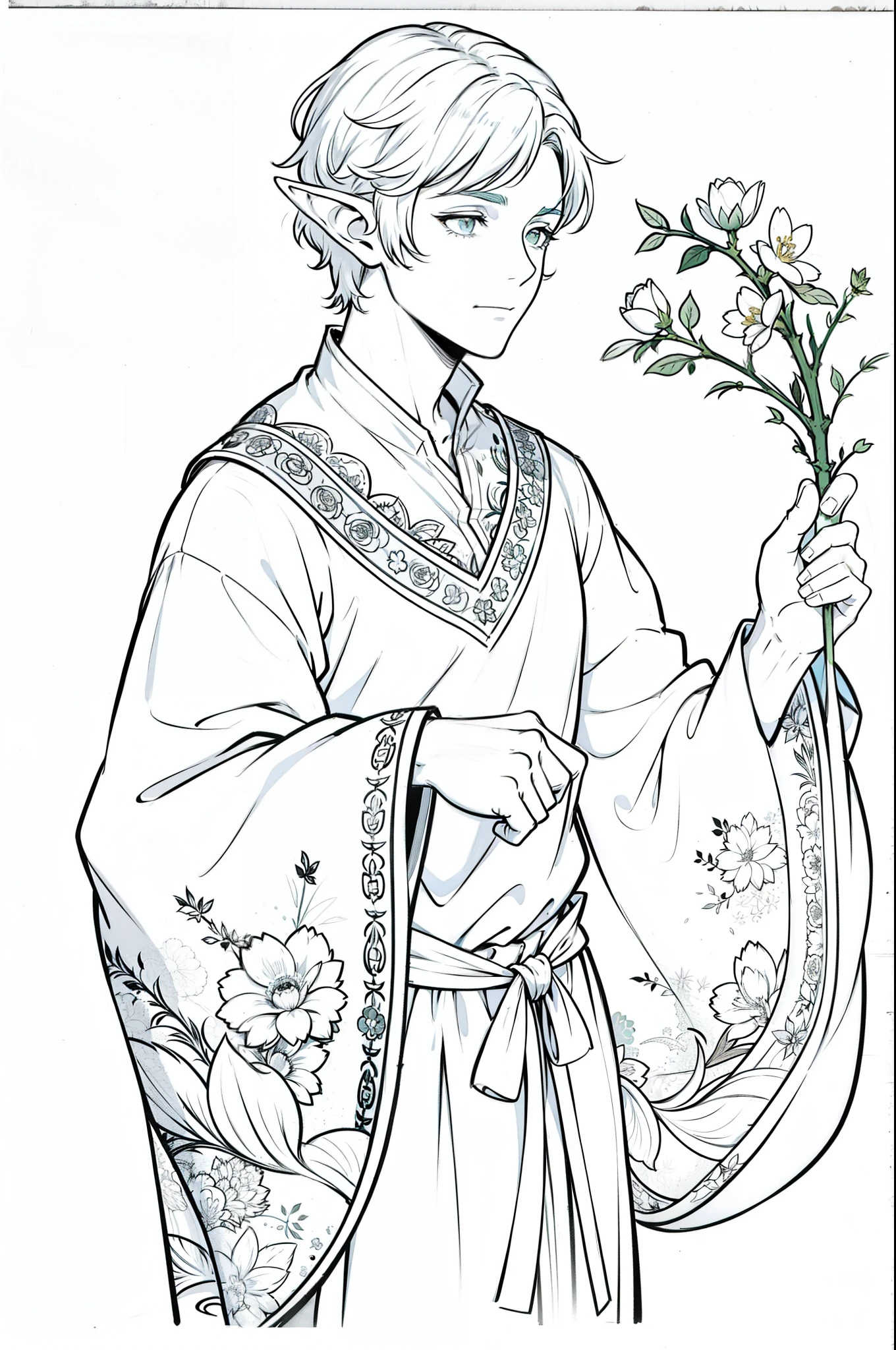highres, high quality, floral frame, solo, half body, 1 male, short hair, elven ears, simple clothes, white shirt, wide sleeves