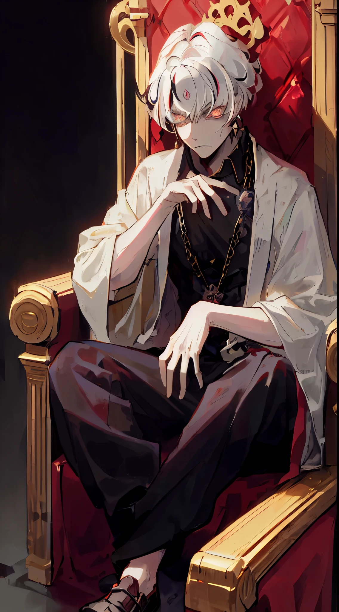 masterpiece, best quality, highres, 1boy, solo, emet selch, white streaked hair, black hair portrait,demon eyes,intimidating aura,dark mage, dark magic circle, Dark Hall,