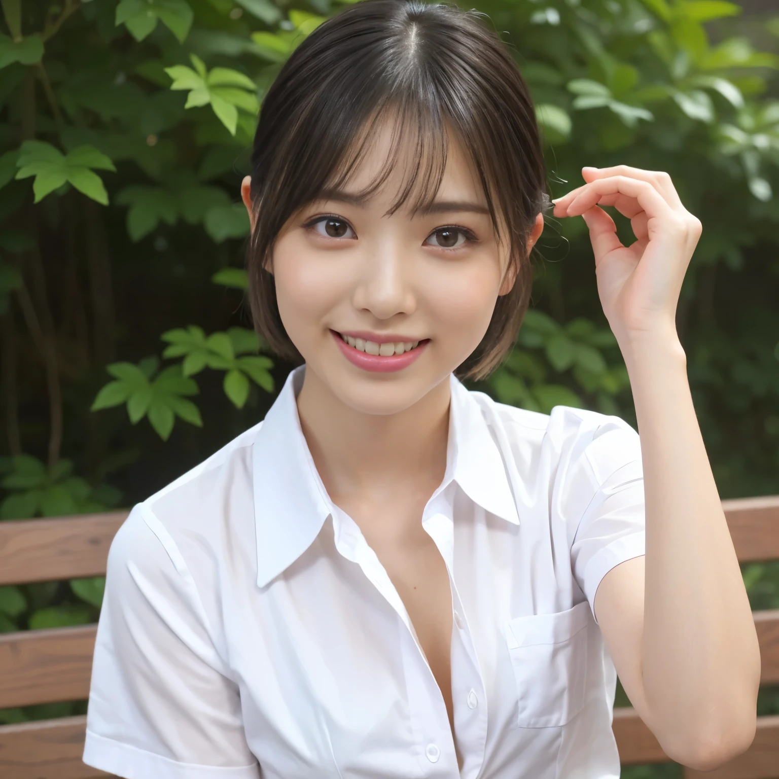 (highest quality、table top、8k、best image quality、Award-winning work)、One cute high school girl、alone、perfect beautiful composition、(Uniform shirt with wide open chest:1.1)、(unbutton your shirt、fully exposes small naked breasts:1.5)、(very short hair:1.1)、slender body、(A shy smile looks at me:1.1)、(Strongly blurred high school outside background:1.1)、natural makeup、Ultra high definition beauty face、ultra high definition hair、Super high-definition sparkling eyes、(Pure white skin shining in ultra-high resolution:1.1)、Super high resolution glossy lips、accurate anatomy、ultra high definition hair、(very bright:1.1)、close up of face