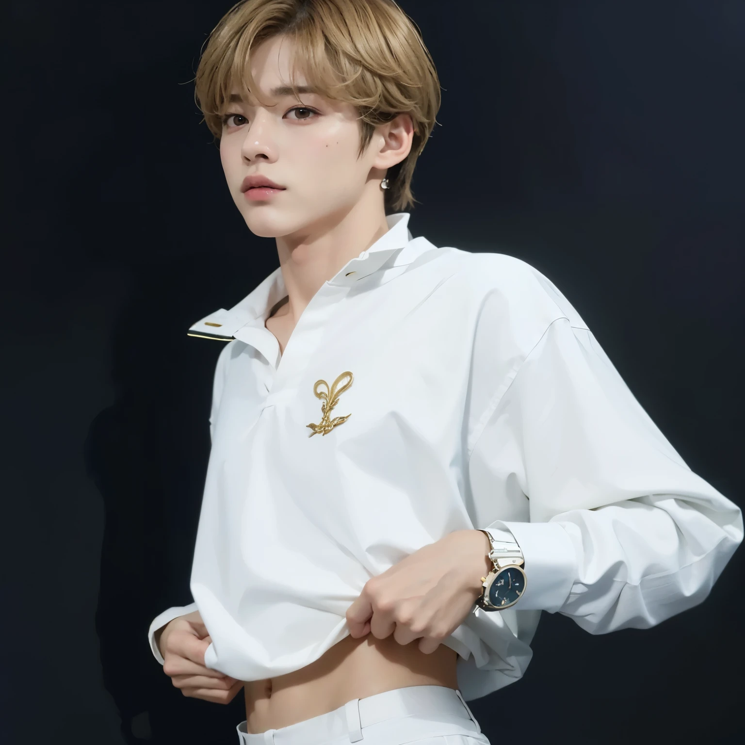 Araffado man in white shirt and white pants with watch., kim taehyung, Jung Jaehyun, Jimin, cai xukun, kim doyoung, beautiful androgynous prince, delicate androgynous prince, De mi parte, Inspirado por Bian Shoumin, jia, inspirado en jeonseok lee, todos del grupo nct, park Jimin, con pelo corto
