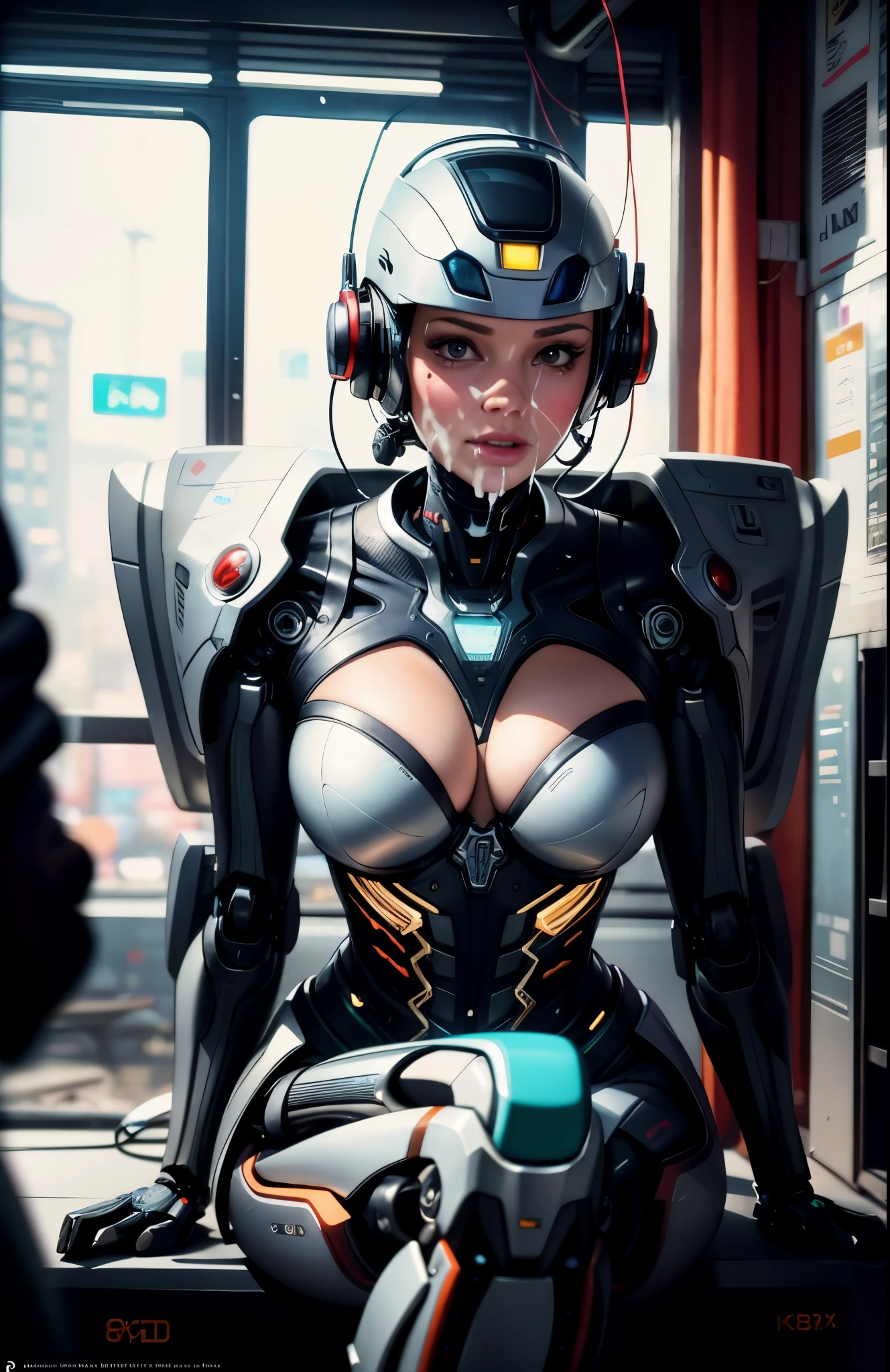 cleavage, cum on face, complex 3d render ultra detailed of a beautiful porcelain profile woman android face, cyborg, robotic parts, 150 mm, beautiful studio soft light, rim light, vibrant details, luxurious cyberpunk, lace, hyperrealistic, anatomical, facial muscles, cable electric wires, microchip, elegant, beautiful background, octane render, H. R. Giger style, 8k, best quality, masterpiece, illustration, an extremely delicate and beautiful, extremely detailed ,CG ,unity ,wallpaper, (realistic, photo-realistic:1.37),Amazing, finely detail, masterpiece,best quality,official art, extremely detailed CG unity 8k wallpaper, absurdres, incredibly absurdres,  robot, silver halmet, full body, sitting