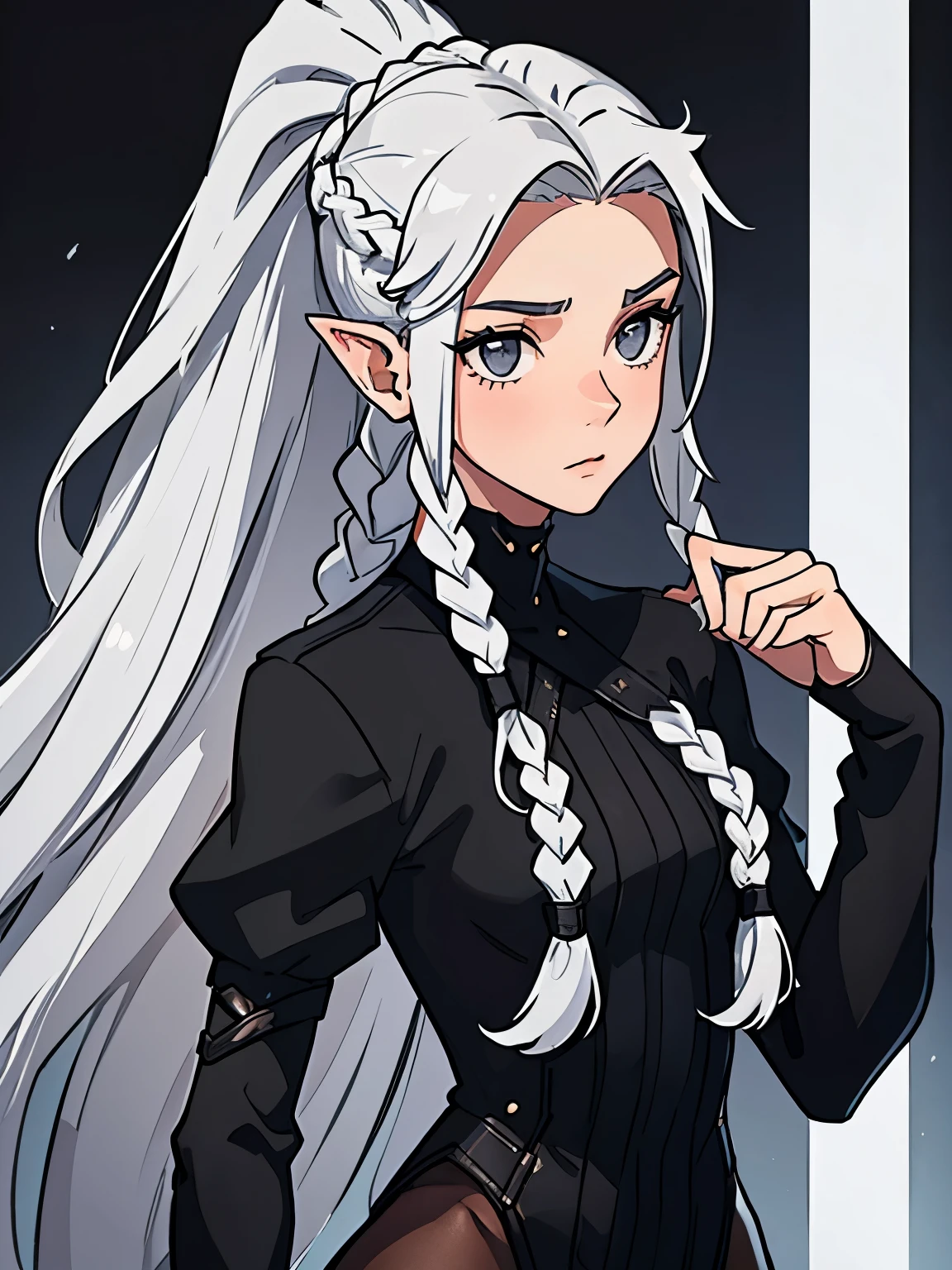 Millicent is a 21 year old young girl, tall and fit physique. She has fair skin and gray eyes with small pupils. Long wavy white hair braided into a high ponytail with many small braids. Has long pointed ears. Described as an incredibly beautiful girl. Prefers to wear black clothes, gray and white colors
