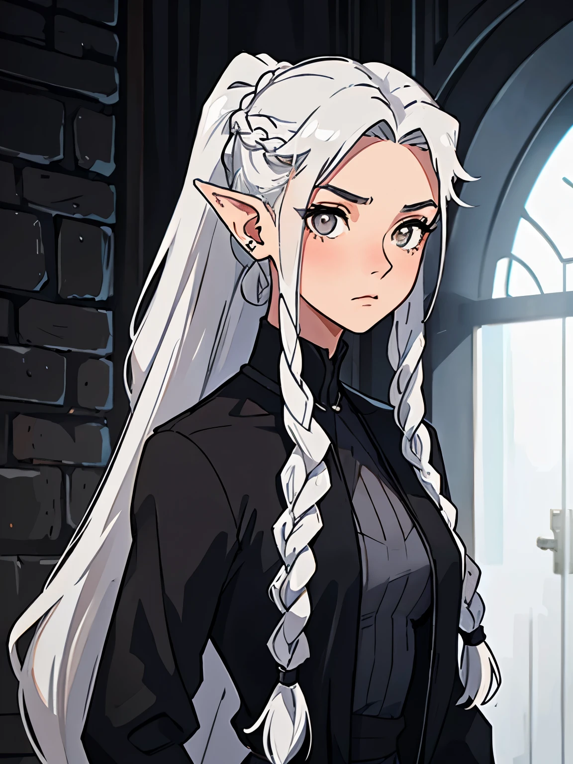 Millicent is a 21 year old young girl, tall and fit physique. She has fair skin and gray eyes with small pupils. Long wavy white hair braided into a high ponytail with many small braids. Has long pointed ears. Described as an incredibly beautiful girl. Prefers to wear black clothes, gray and white colors
