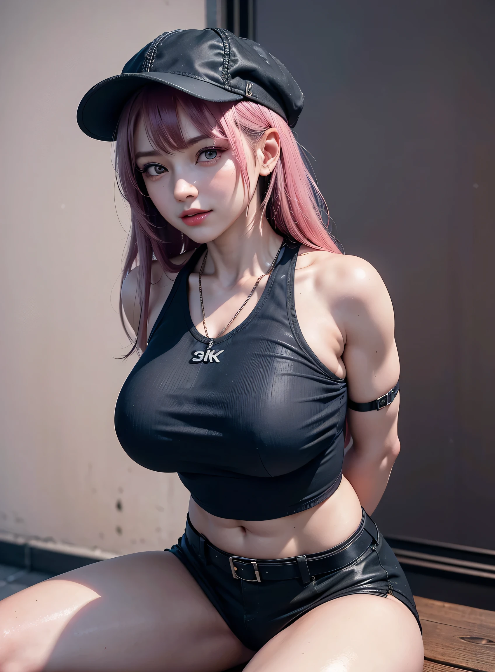 sfw, (absurdres, 8k, 4k, masterpiece, hyper extreme detailed:1.2), solo, 1girl, front view, perfect face, 1girl, portrait, expressive eyes, looking at viewer, solo, standing, mature female, pale, adult, looking forward, front view, confident, wind, windy, moving hair, front view, mature body, tomboy, adult, Newsboy Cap, long pink hair, black shorts, yellow belt, waist jacket, dark blue, medium bust, black wrist cuffs, black pupils, dark pink irises, hair down to back, egotistical, powerful, strong, proud, arrogant, ripped clothes, blue newsboy cap, right hand on hip, streetwear, fashionable, crazy face, crazy eyes, crazy smile, right bangs, necklace, bound, bondage, (arms behind back:1.4), bdsm, tape gag, tape, tape bondage, close-up, restrained, best anatomy, full body, tape wrapped, wrap gag, bondage, sitting down, wearing bra,((skinny waist)), young asian girl, ((big breasted)),