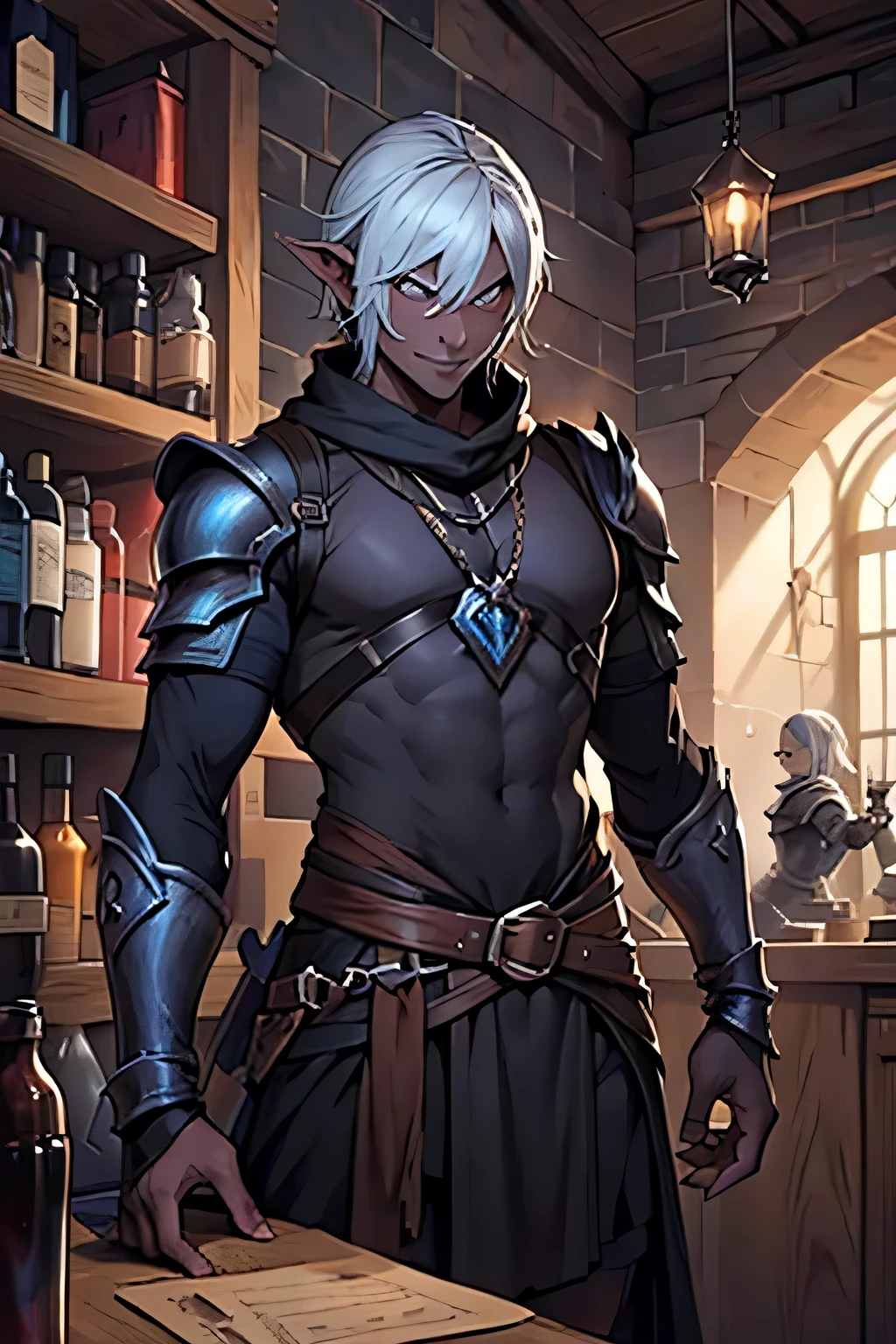 A male Drow from Dungeon and Dragon. C&#39;is a thug but tries not to be too mean or angry, il essaie de s&#39;habiller d&#39;a more cheerful manner than other drow. Il est dans un magasin et essaie de vendre une partie du butin du dernier donjon.. He has full leather armor., a potion on him and a crossbow on his back.

ondes positives, couleur calme