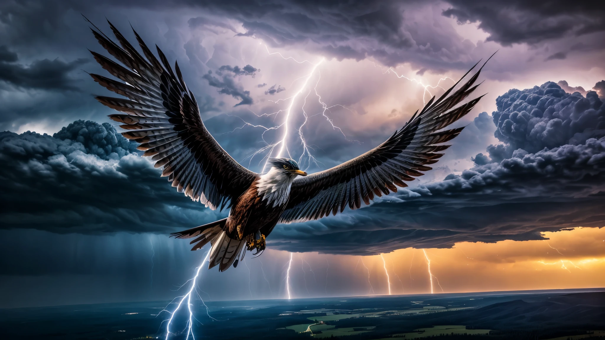 Generate an image depicting a Thunderbird, a mythical creature from Indigenous North American folklore. The Thunderbird is a majestic bird of prey with enormous wings that span the sky. Its body is sleek and powerful, covered in feathers that shimmer with the colors of lightning and storm clouds. The Thunderbird's beak is sharp and hooked, while its eyes crackle with electrical energy. Lightning bolts arc from its wings as it soars through the heavens, bringing thunder and rain in its wake. Below, the landscape is transformed by the storm, with dark clouds swirling and trees bending in the wind. The Thunderbird's presence fills the air with a sense of awe and reverence, embodying the power of nature and the spirit of the storm
