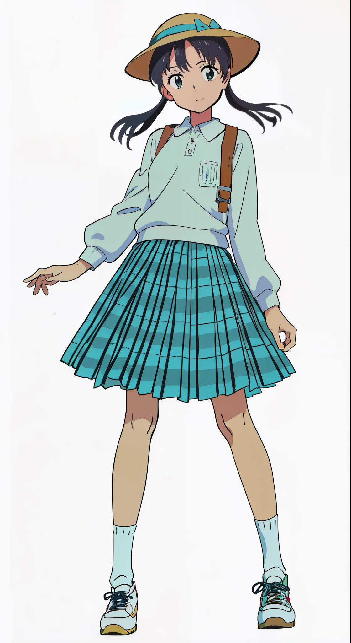 (best quality:1.0), (masterpiece:1.0), (super fine illustration:1.0), (beautiful artwork:1.0), (anime screencap:1.0), (official art:1.0), (cheerful:1.5), (light smile:1.5), (detailed beautiful eyes:1.25), (detailed beautiful face:1.25), (glowing black eyes:1.0), (white background:1.0), (best quality:1.0), (masterpiece:1.0), (super fine illustration:1.0), (beautiful artwork:1.0), (anime screencap:1.0), (official art:1.0), (full body:1.0), (solo:1.0), (ESGA:1.0), (a 12yo cute girl:1.25), (yellow hat:1.25), (red backpack:1.0), (long skirt:1.0), (green tartan skirt:1.0), (pleated skirt:1.0), (aqua blue polo shirt:1.0), (long sleeve polo shirt:1.0), (sneakers:1.0), (white socks:1.25), (ideal ratio body proportions:1.25), (lanky:1.25), (tall:1.25), (slender:1.25), (small breasts:1.25), (smaller face:1.25), (tareme:1.0), (detailed beautiful eyes:1.25), (detailed beautiful face:1.25), (glowing black eyes:1.0), (short hair:1.0), (low twintails:1.0), (black hair:1.0), (looking at viewer:1.25)