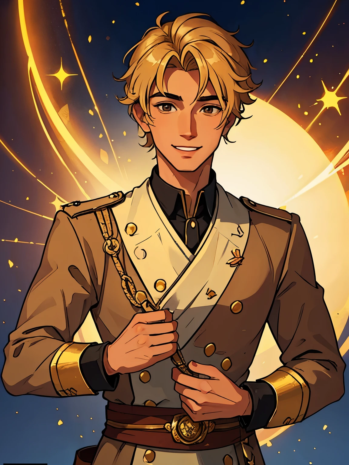 Nikolai is 22 years old, he has tanned skin, golden hair, shaved on one side and styled on the other, light brown eyes and slightly hooked nose, he has a beautiful face, outlined by the features of a fairy-tale prince;. He is described as extremely charming, handsome and smiling