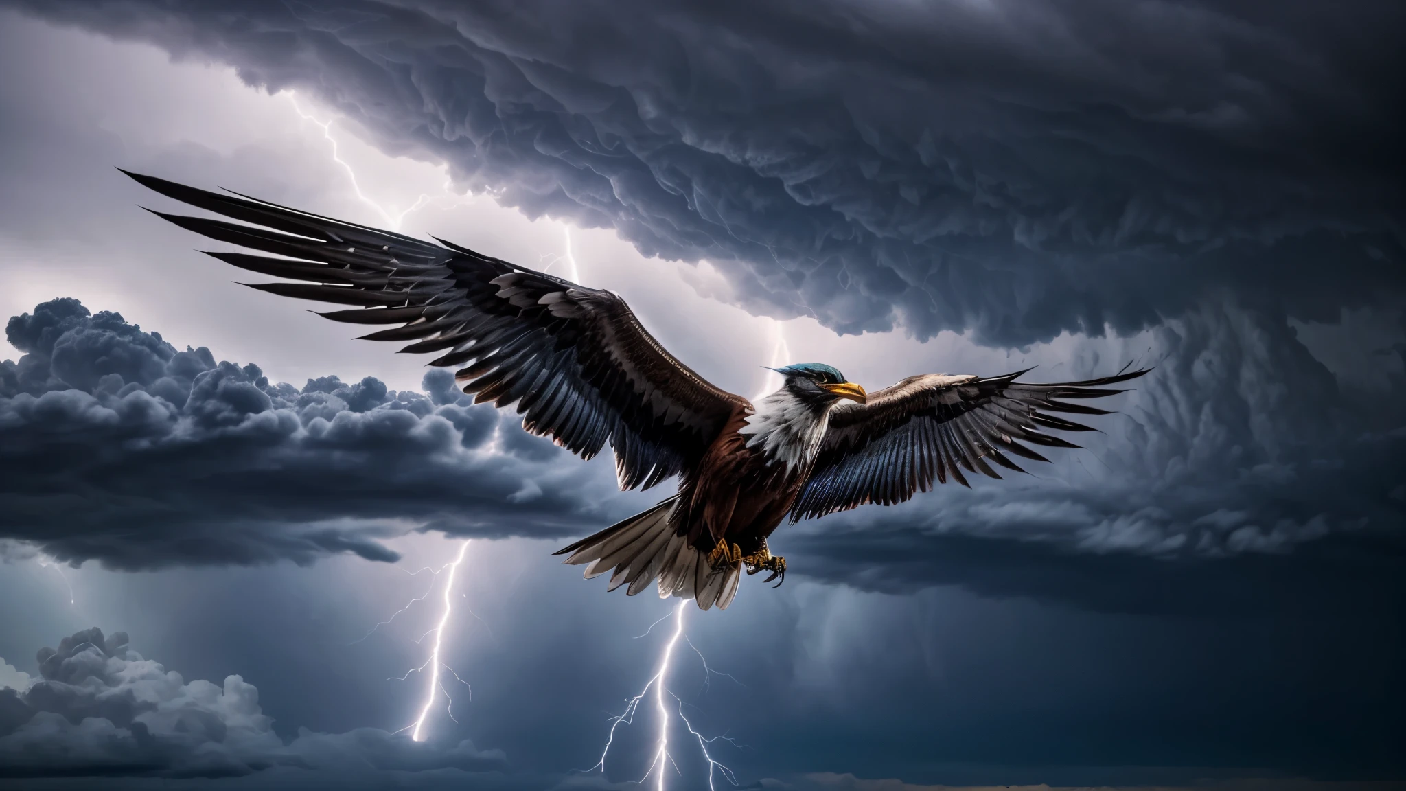 Generate an image depicting a Thunderbird, a mythical creature from Indigenous North American folklore. The Thunderbird is a majestic bird of prey with enormous wings that span the sky. Its body is sleek and powerful, covered in feathers that shimmer with the colors of lightning and storm clouds. The Thunderbird's beak is sharp and hooked, while its eyes crackle with electrical energy. Lightning bolts arc from its wings as it soars through the heavens, bringing thunder and rain in its wake. Below, the landscape is transformed by the storm, with dark clouds swirling and trees bending in the wind. The Thunderbird's presence fills the air with a sense of awe and reverence, embodying the power of nature and the spirit of the storm