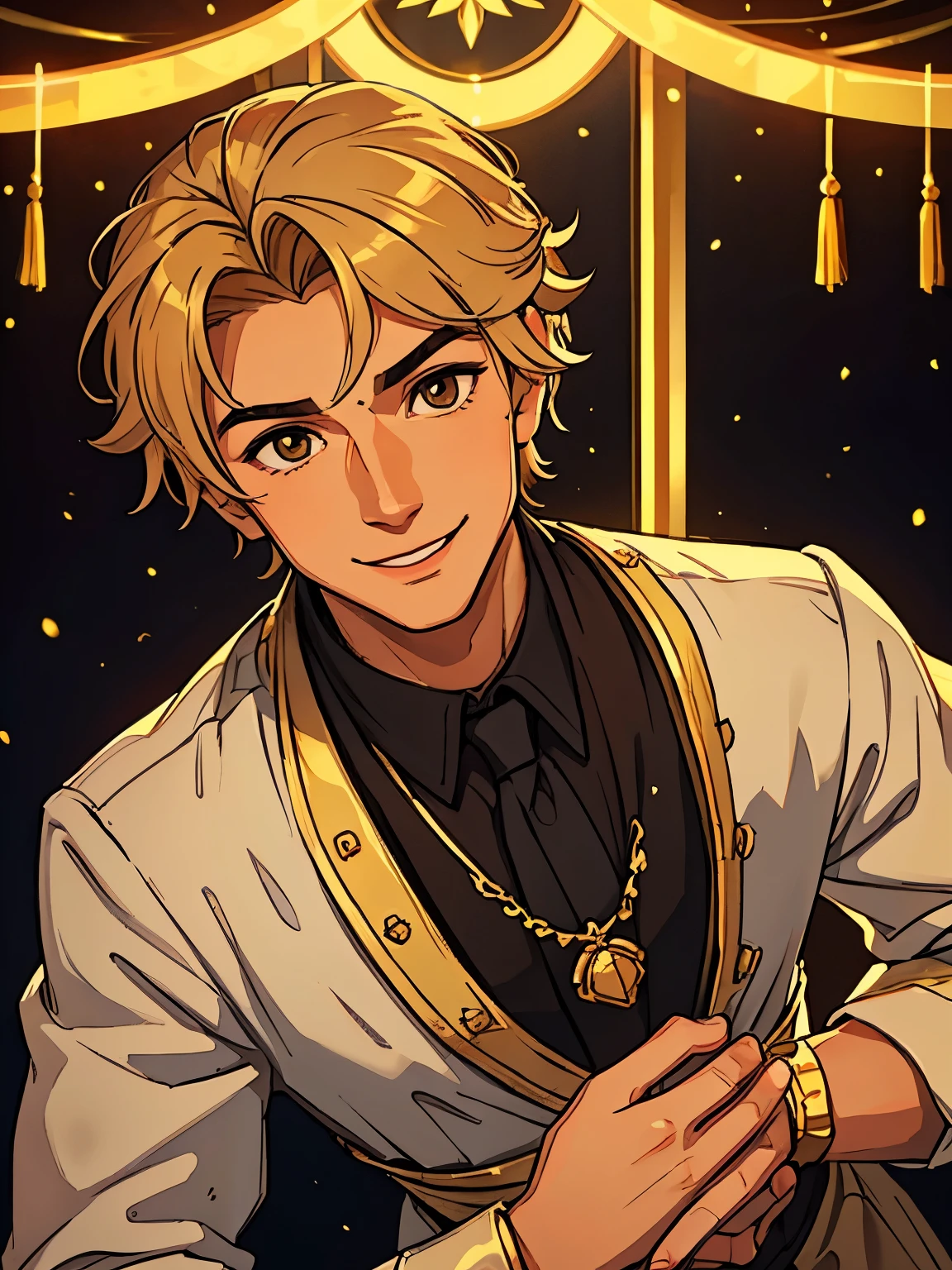 Nikolai is 22 years old, he has tanned skin, golden hair, shaved on one side and styled on the other, light brown eyes and slightly hooked nose, he has a beautiful face, outlined by the features of a fairy-tale prince;. He is described as extremely charming, handsome and smiling