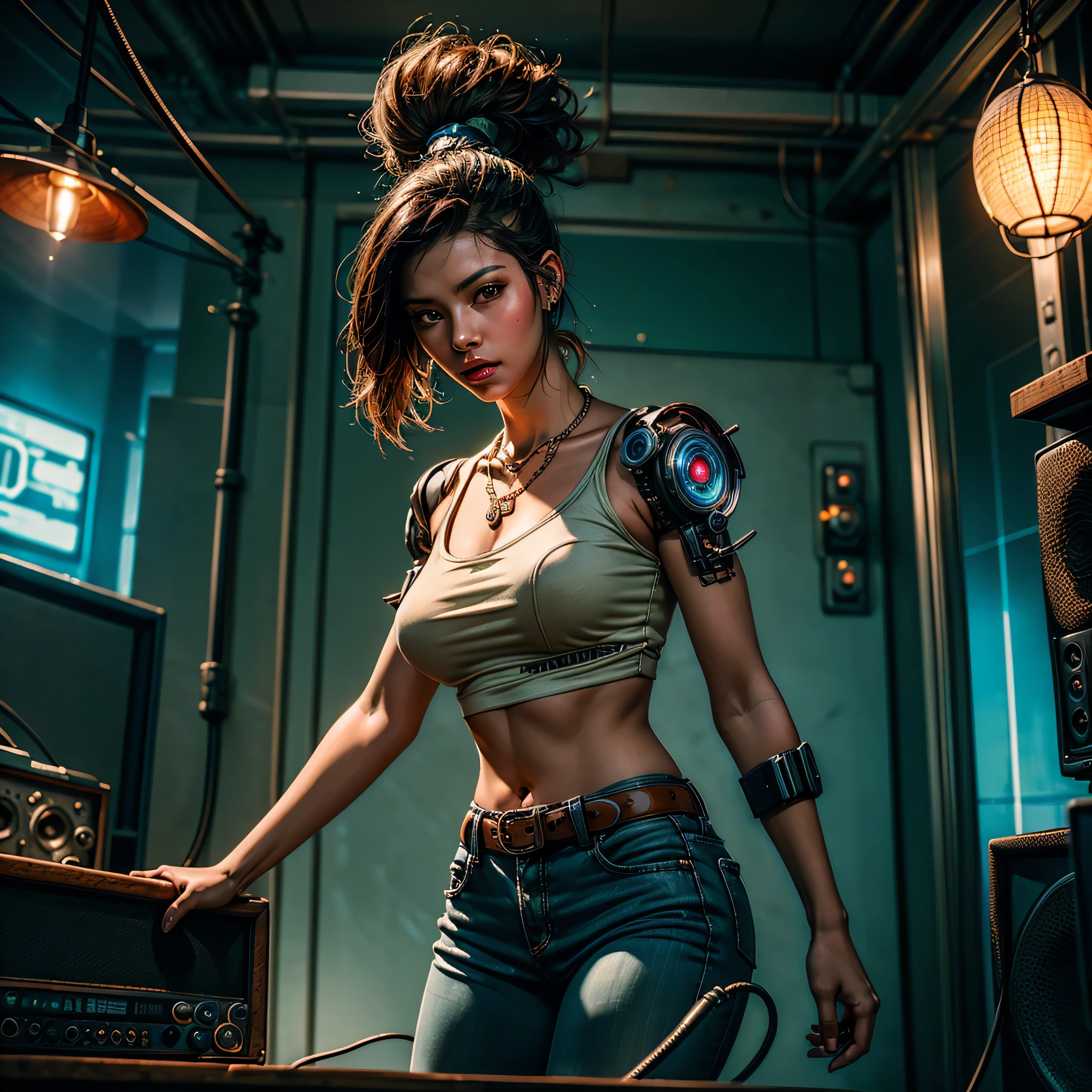 (photorealistic:1.4),official art,unity wallpaper,ultra detailed,exquisitely detailed skin,(cinematic angle)(film grain:1.2)cinematic lighting,beautiful and aesthetic,dynamic lighting,masterpiece,best quality,glowing skin,cyberpunk,mechanical arms,(cyberpunk joints),(neon light),(cybernetic implants:1.2),(augmentations),(cyborg:1.2)(cowboy shot),,1girl,short hair,slim body,medium breasts,narrow waist,tank top,high waist shorts,fishnet pantyhouse,a rock band lead singer,Heavy Metal,(playing a electric guitar:1.4),wearing a sunglasses,chain,silver,necklace,live house,fiery atmosphere,sexy,charming,(loudspeaker box:1.3),wire,cable tail,devil horn,dynatic pose,excited, a small wooden toy,\(\(intricate details\)\),colorful details,iridescent colors BREAK,\(\(masterpiece best quality\)\),ultra detailed,detailed lighting,\(\(inspired by Hayao Miyazaki\)\),official art,promotional art,composition, varies multi etc. --v 6 --s 1000 --c 20 --q 20 --chaos 100