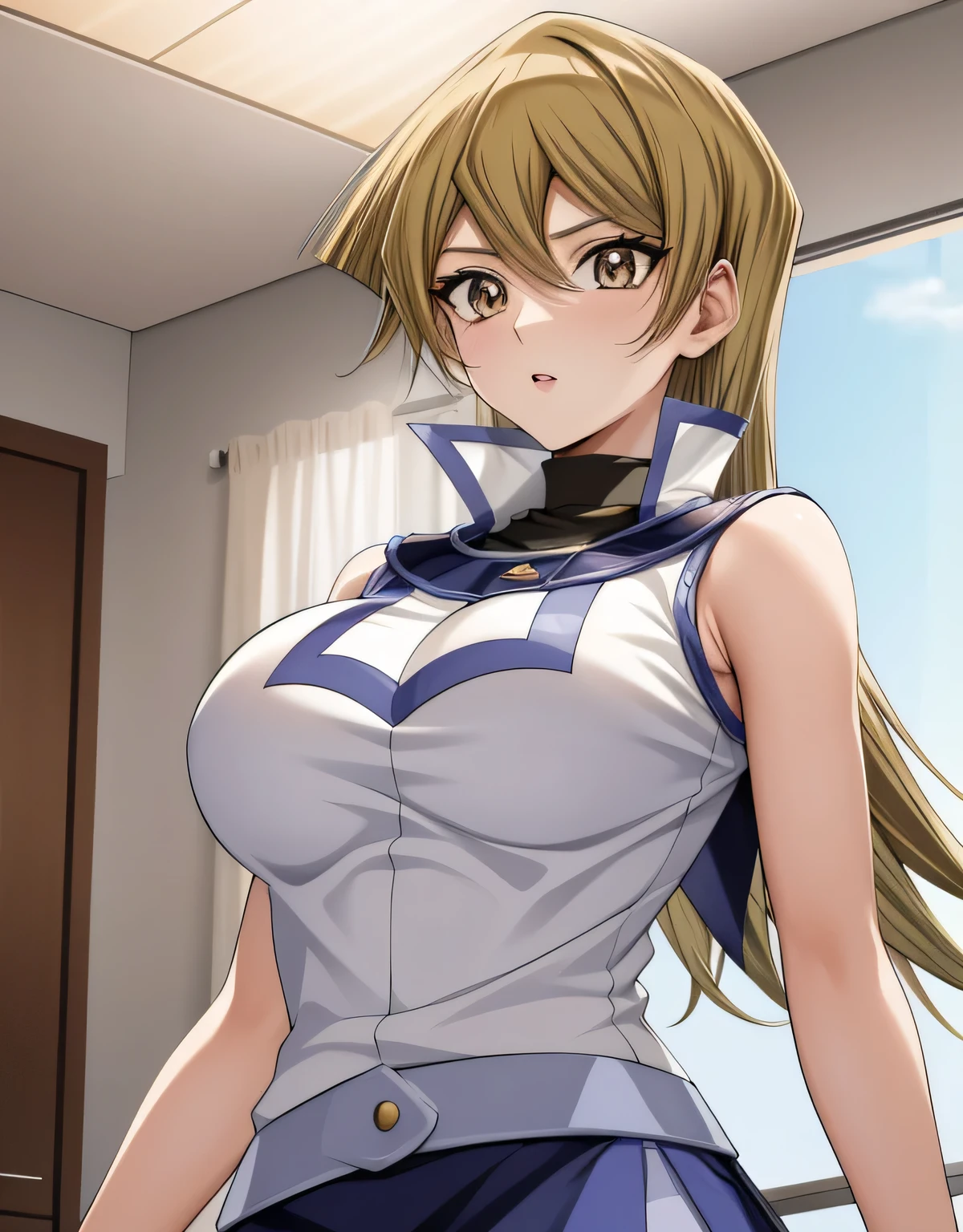 TenjouinAsukaDef,long hair,前hair,hair between eyes,brown eyes, long hair, skirt, shirt, bare shoulders, school uniform, white shirt, No sleeve, shiny, belt, miniskirt, blue skirt, No sleeve shirt, turtleneck, Duel Academy uniform (Yu-Gi-Oh! GX), tenjouin asuka,indoor hall,(big breasts:1.5),shiny,hair,((alone)),((masterpiece)),((highest quality)),perfect anatomy,slim waist,perfect image,8k UHD,(detailed and beautiful eyes:1.3),highly detailed face,Are standing,(Upper body:1.1),(look ahead:1.1),back arm,super detailed,disorganized,High resolution,