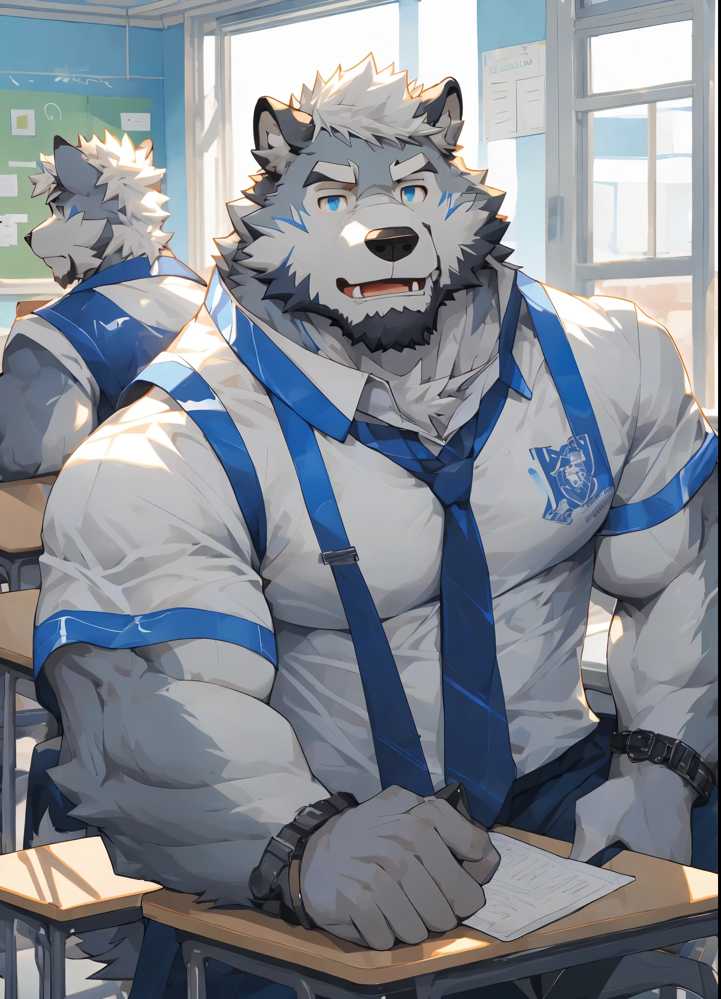 (masterpiece),(Very detailed),(best quality),Three boys playing in the classroom,hairy,Wolf,gray fur,white hair,muscular,(Blue and white school uniform 1.2),student,school background,8k,((high quality))