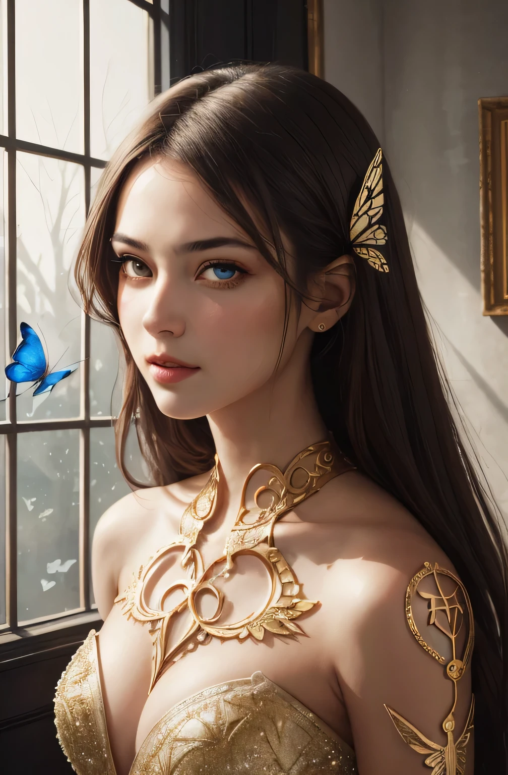 ali 8k portrait of beautiful cyborg with brown hair, intricate, elegant, highly detailed, majestic, digital photography, art by artgerm and ruan jia and greg rutkowski surreal painting gold butterfly filigree, broken glass, (masterpiece, sidelighting, finely detailed beautiful eyes: 1.2), hdr, (detailed background window to a new dimension, plants and flowers:0.7) infinity, infinite symbol,