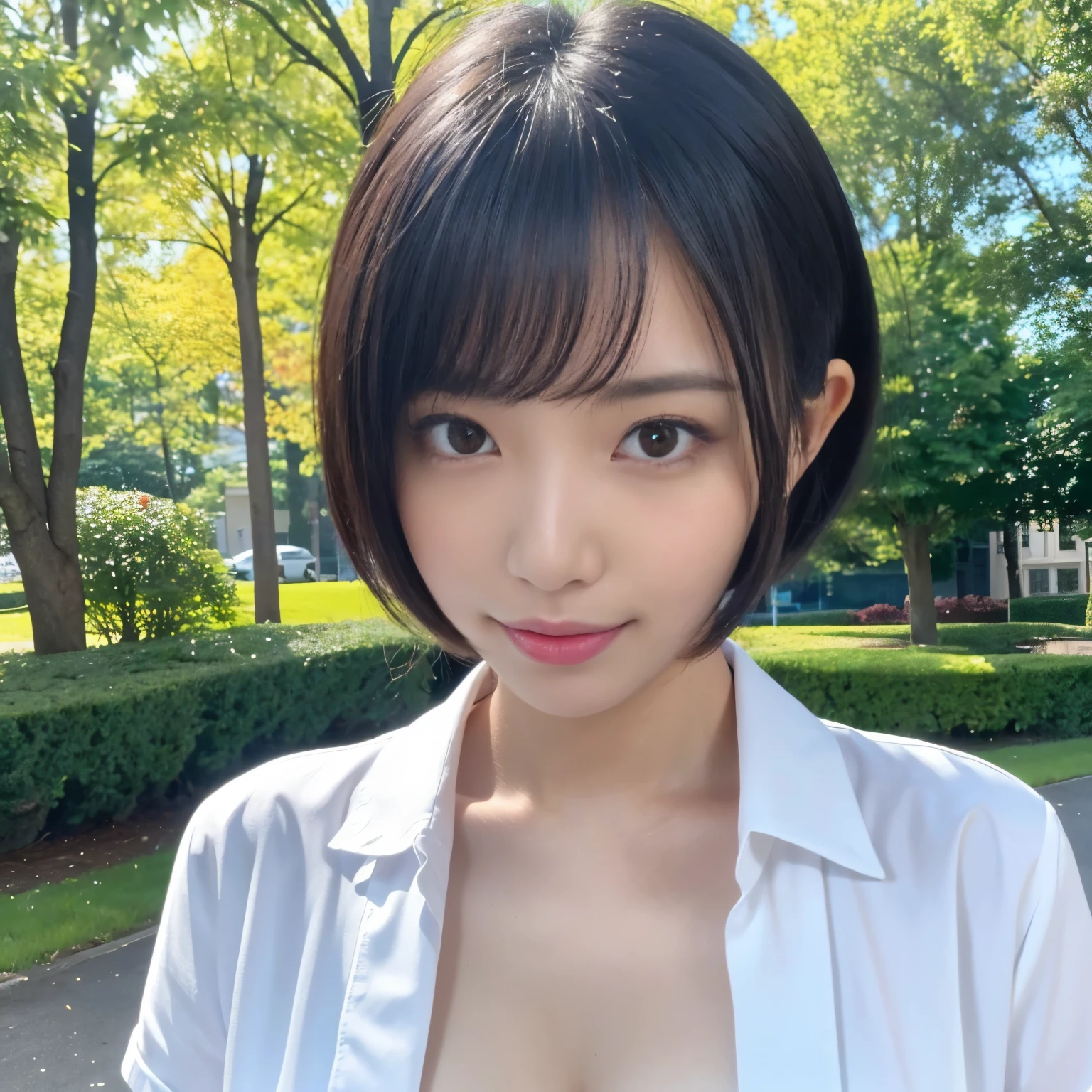 (highest quality、table top、8k、best image quality、Award-winning work)、One cute high school girl、alone、perfect beautiful composition、(Uniform shirt with wide open chest:1.1)、(unbutton your shirt、fully exposes small naked breasts:1.5)、(very short hair:1.1)、slender body、(A shy smile looks at me:1.1)、(strongly blurred park background:1.1)、natural makeup、Ultra high definition beauty face、ultra high definition hair、Super high-definition sparkling eyes、(Pure white skin shining in ultra-high resolution:1.1)、Super high resolution glossy lips、accurate anatomy、ultra high definition hair、(very bright:1.1)、close up of face