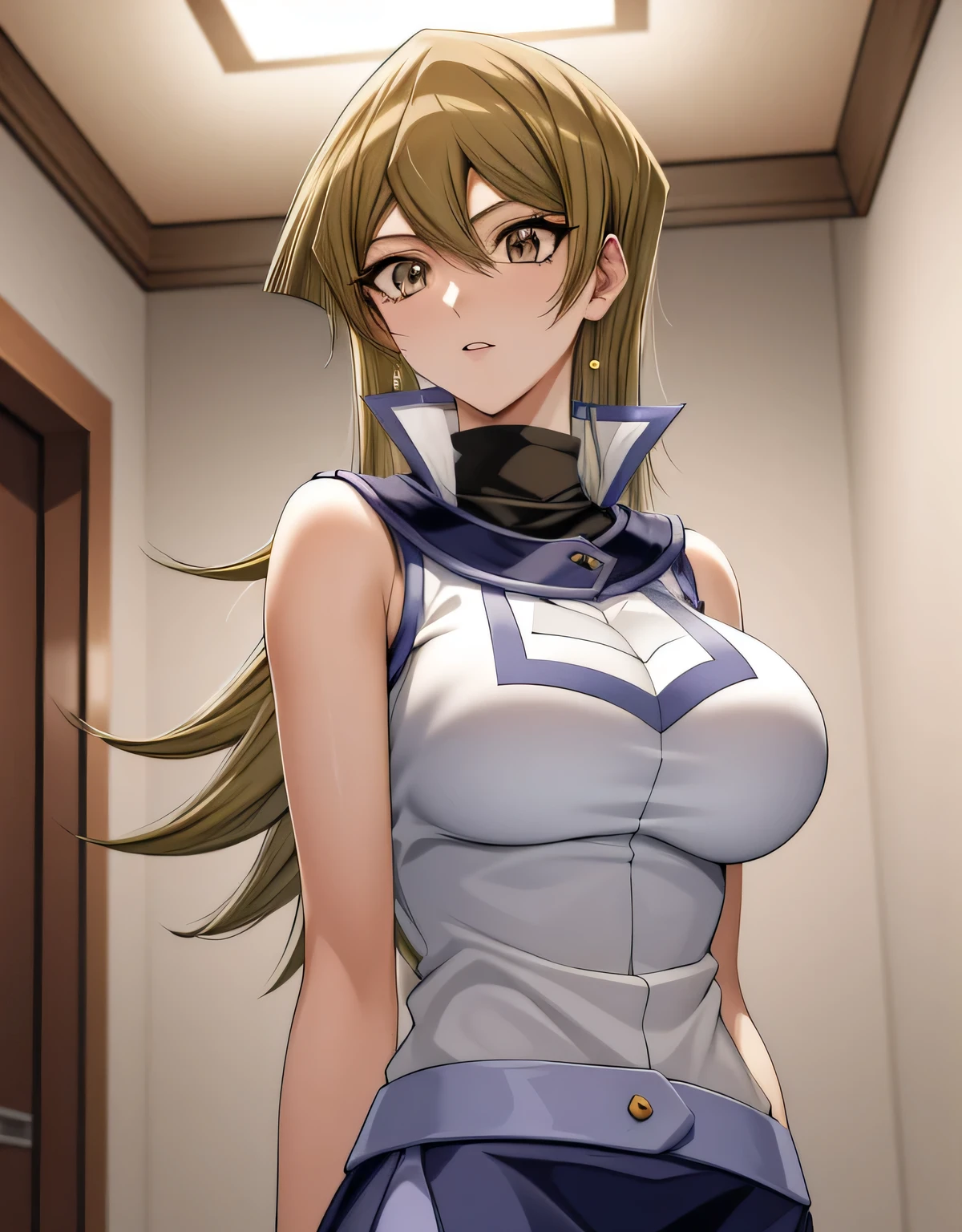 TenjouinAsukaDef,long hair,前hair,hair between eyes,brown eyes, long hair, skirt, shirt, bare shoulders, school uniform, white shirt, No sleeve, shiny, belt, miniskirt, blue skirt, No sleeve shirt, turtleneck, Duel Academy uniform (Yu-Gi-Oh! GX), tenjouin asuka,indoor hall,(big breasts:1.5),shiny,hair,((alone)),((masterpiece)),((highest quality)),perfect anatomy,slim waist,perfect image,8k UHD,(detailed and beautiful eyes:1.3),highly detailed face,Are standing,(Upper body:1.1),(look ahead:1.1),back arm,super detailed,disorganized,High resolution,