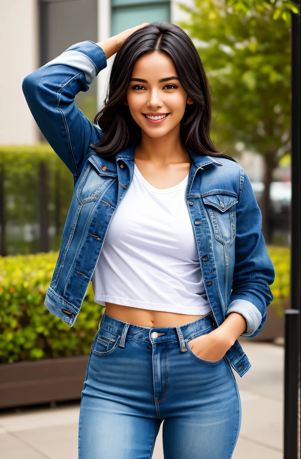 photograph of jg-jc0n, an effortlessly beautiful girl next door wearing a plain tshirt and jacket, (happy excited smile), jeans, photoreal, hyperrealism, best quality, (natural skin texture, highly detailed face), masterpiece, sharp focus, absurdres, by arny freytag