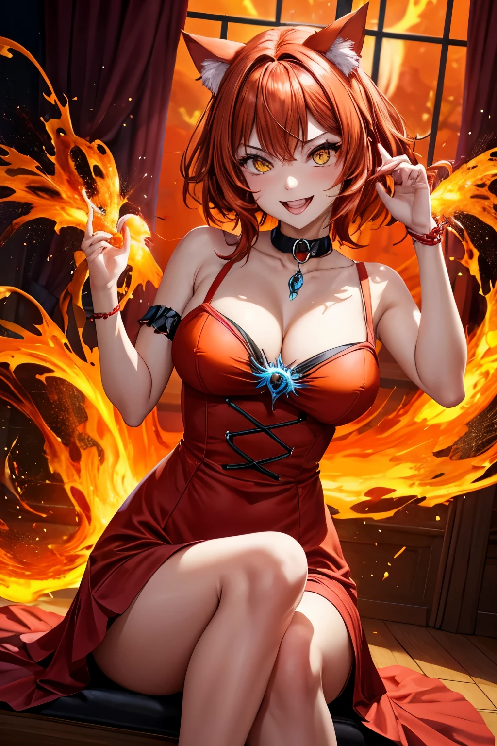 I'm a fiery girl with a bold appearance in a red dress that highlights my playful persona, adorned with cat ears perched gracefully on my head, adding a touch of mystique and allure to my image. The vibrant colors of the dress cascade around me, igniting a sense of energy and excitement, while the cat ears accentuate my youthful spirit and curiosity. The background is a harmonious blend of red and orange hues, creating a warm and inviting ambiance that further emphasizes the fiery nature of my character. (Realistic, 1 girl)