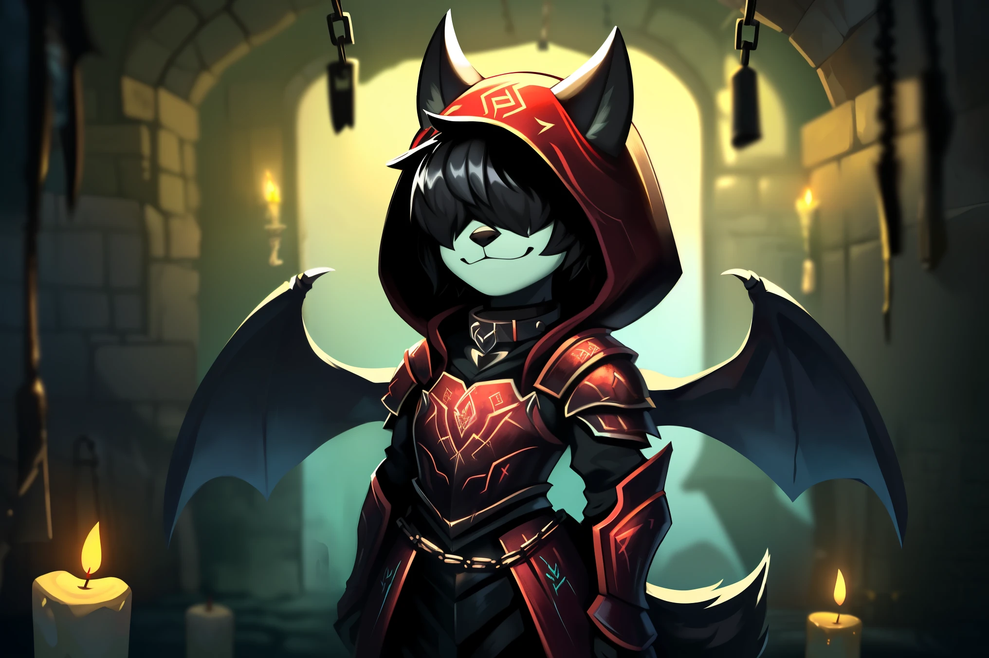 ((fox)), male, feminine body, (solo), fluffy hair, ((hair over eyes), black hair, short hair, twintail hair, ((fluffy body)), fox tail, fox ears, ((black devil wings)), ((black devil horns)), ((red infernal armor)), ((hood up)), smug, spike collar, standing, up close, dark blue atmosphere, ((dark room)), ((dungeon)), chains, candles, demonic sigil, up close, Very good figure, cinematic lighting, volume lighting, masterpiece, super detail, high quality, best quality, highres, 16k