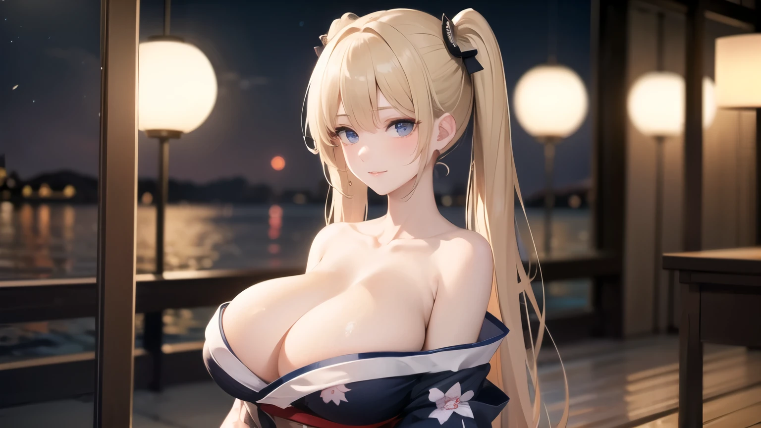 (((masterpiece, best quality))), (((superior quality))), cute girl, ((extremely detailed girl)), ((huge breasts)), (yukata), (bare shoulders), strapless top, slight smile, twin tail blonde