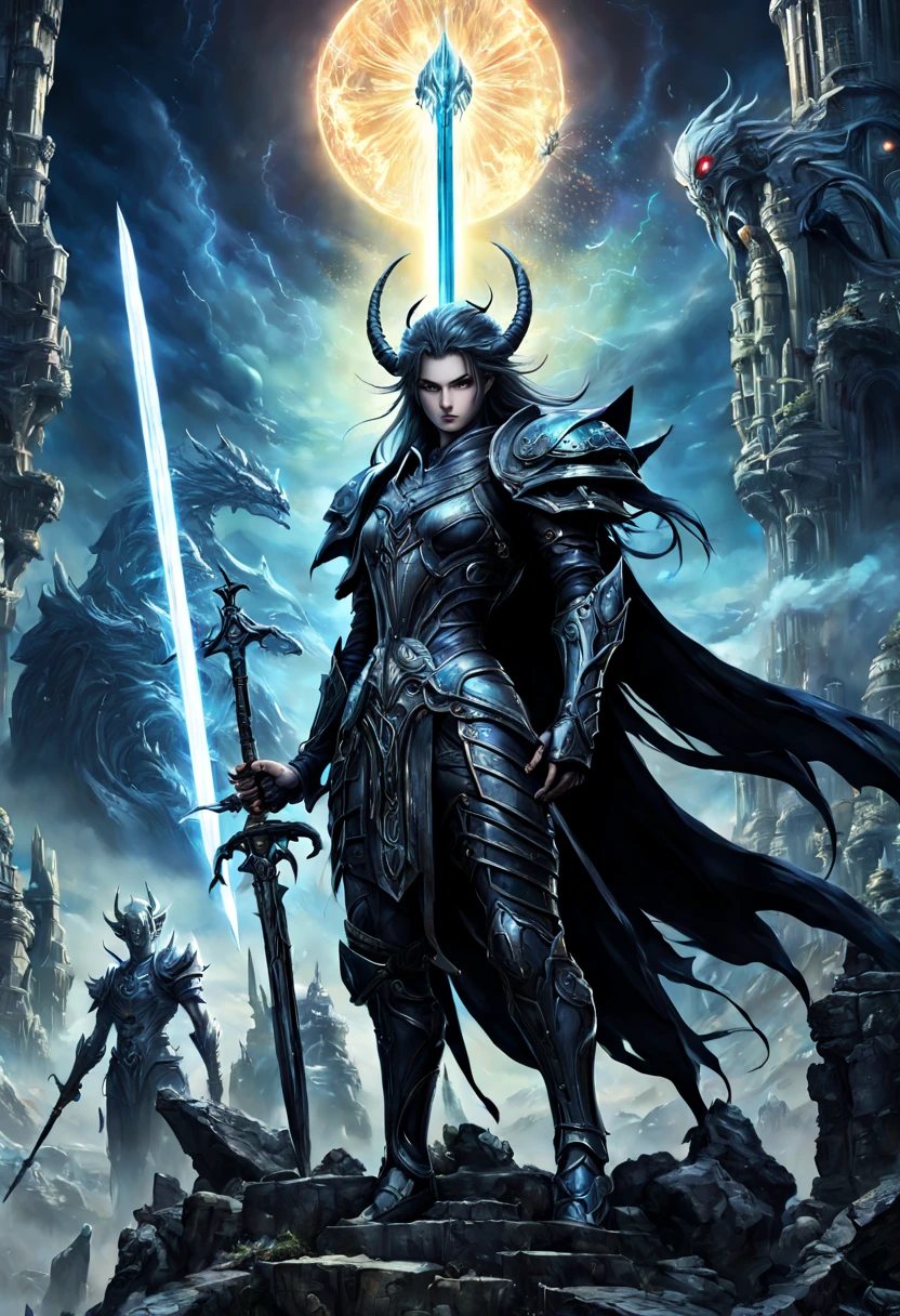 ![Hero of Another World/异世界的英雄/異世界の英雄]], a valiant figure standing atop an ancient ruin, overlooking a fantasy landscape, with a glowing magical sword, ethereal armor reflecting the otherworldly sky, surrounded by mystical creatures and arcane symbols, a blend of Eastern and Western fantasy elements, dynamic heroic pose, a digital painting by Yoshitaka Amano and H.R. Giger, 8K resolution, ultra-detailed character design, atmospheric lighting, vibrant color palette, with a sense of epic adventure and mystery, inspired by Final Fantasy and Berserk
