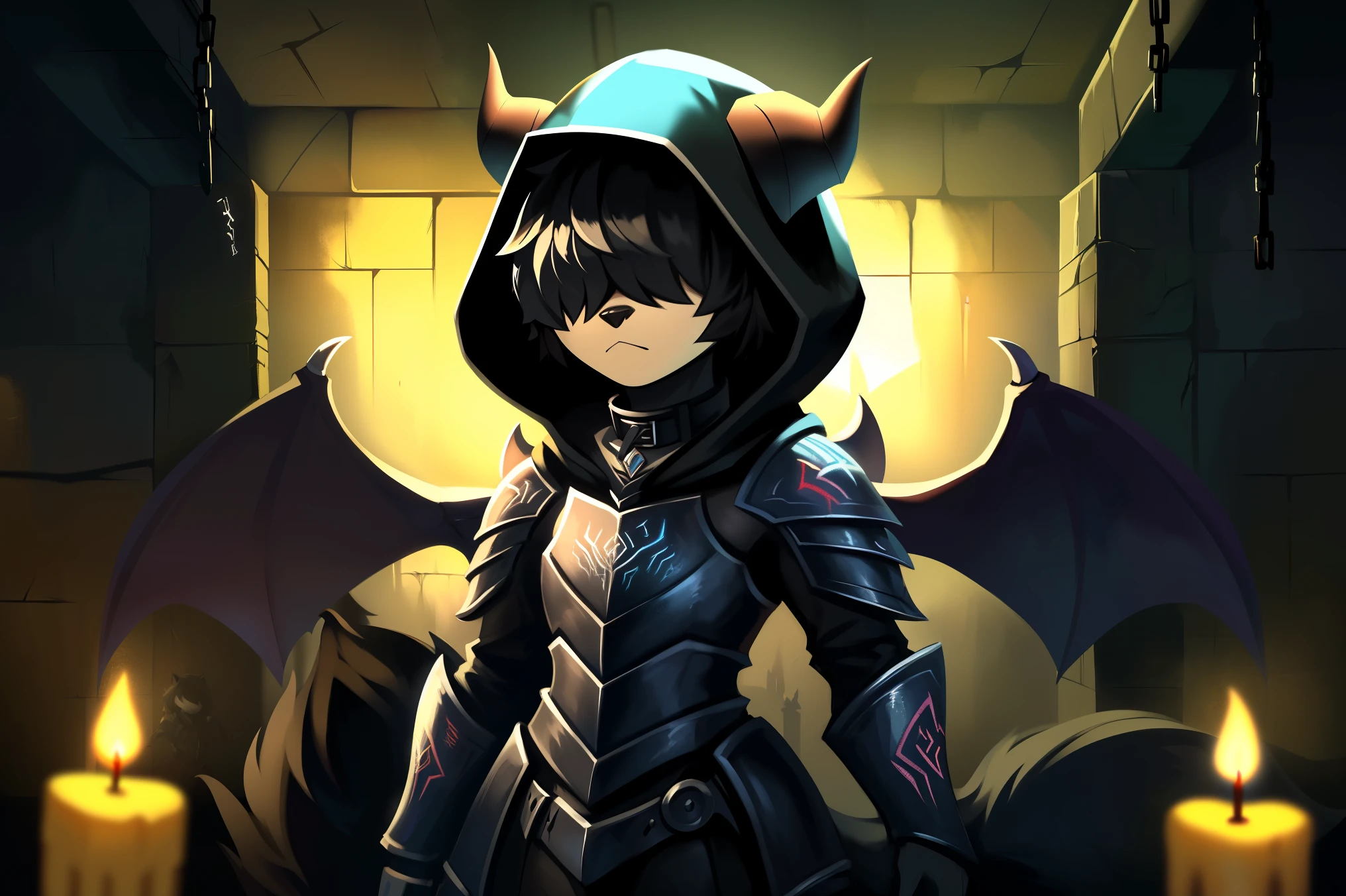 ((fox)), male, feminine body, (solo), fluffy hair, ((hair over eyes), black hair, short hair, twintail hair, ((fluffy body)), black fox tail, black fox ears, ((black devil wings)), ((black devil horns)), ((red infernal armor)), ((hood up)), spike collar, standing, up close, dark blue atmosphere, ((dark room)), ((dungeon)), chains, candles, demonic sigil, up close, Very good figure, cinematic lighting, volume lighting, masterpiece, super detail, high quality, best quality, highres, 16k