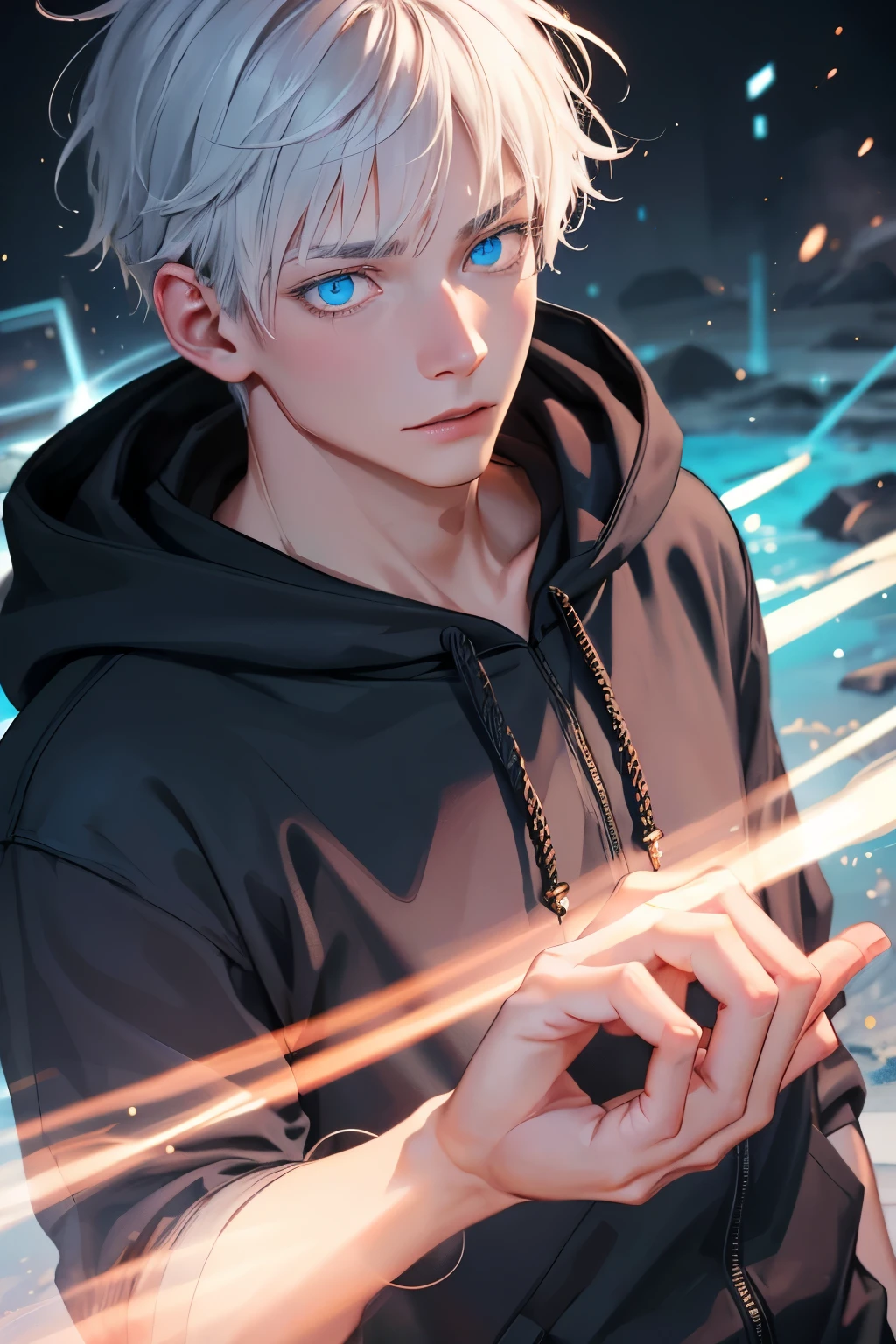 Boy, black clothes, stronger, blue-eyes, small