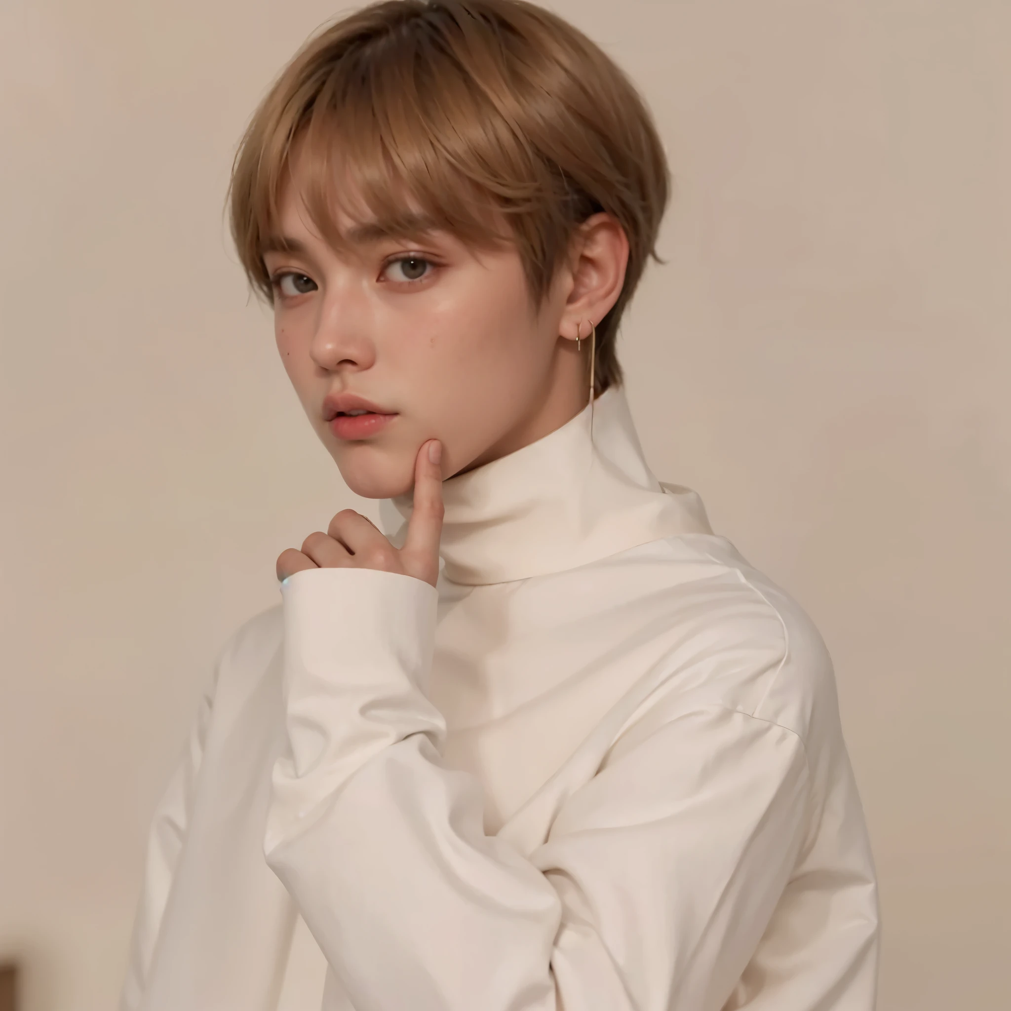 um close up de uma pessoa de camisa branca e gravata, Kim Doyoung, Taehyung comendo batatas fritas Gucci, Retrato de Jossi do Blackpink, Jimin, hyung tae, com cabelo curto, taken at the beginning of 2020, Jimin\the full lips, photoshoot, inspirado em Kun Can, Yanjun Chengt, delicate androgynous prince
