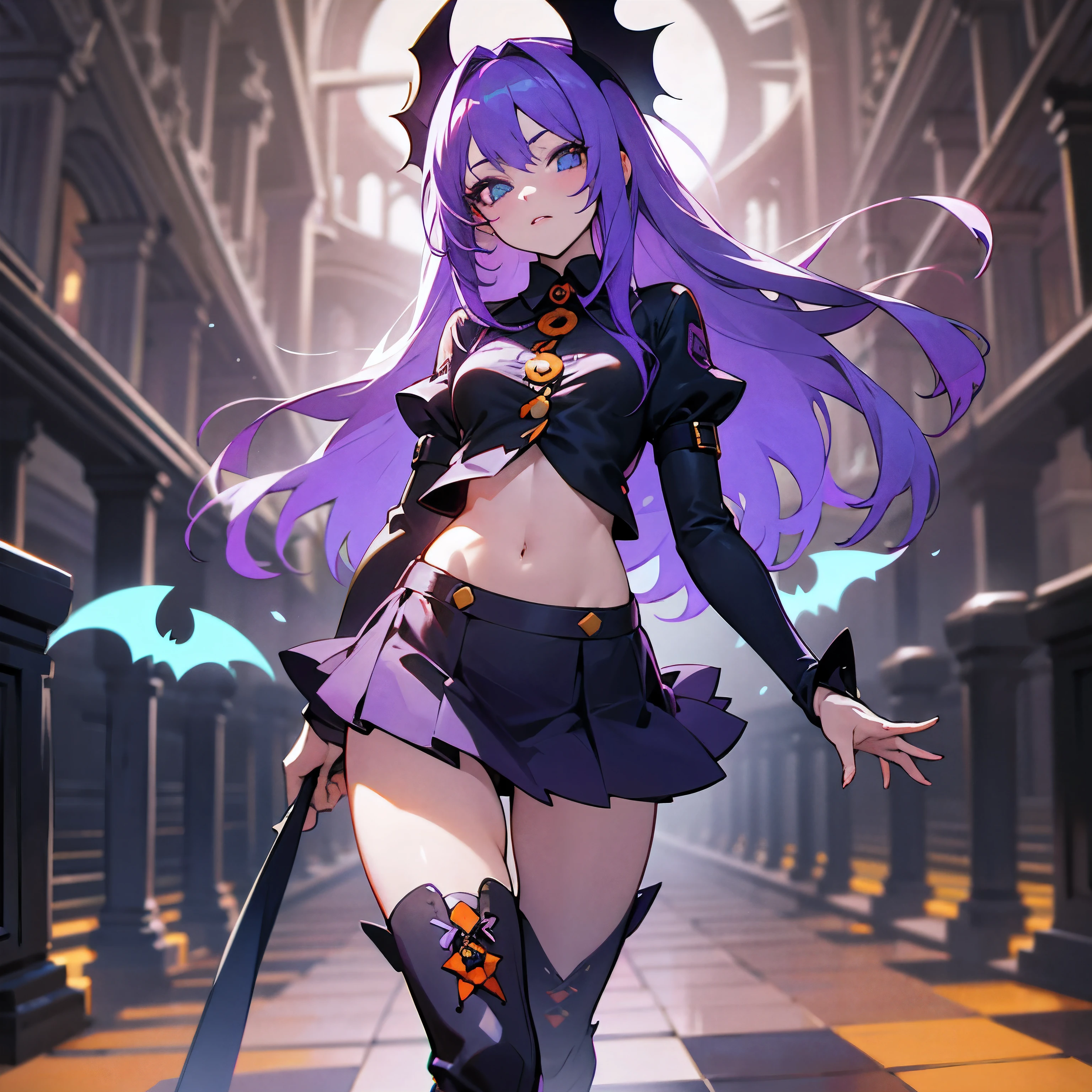 Create a strikingly realistic yet anime-style depiction of a girl with long, vibrant purple hair. She should be donned in a unique Halloween-themed skirt featuring playful, spooky patterns like bats, ghosts, and pumpkins. The girl's attire should be completed with a black crop top and matching knee-high boots. Her eyes should possess a captivating shade of violet, reflecting her enchanting appearance. Enhancing the Halloween atmosphere