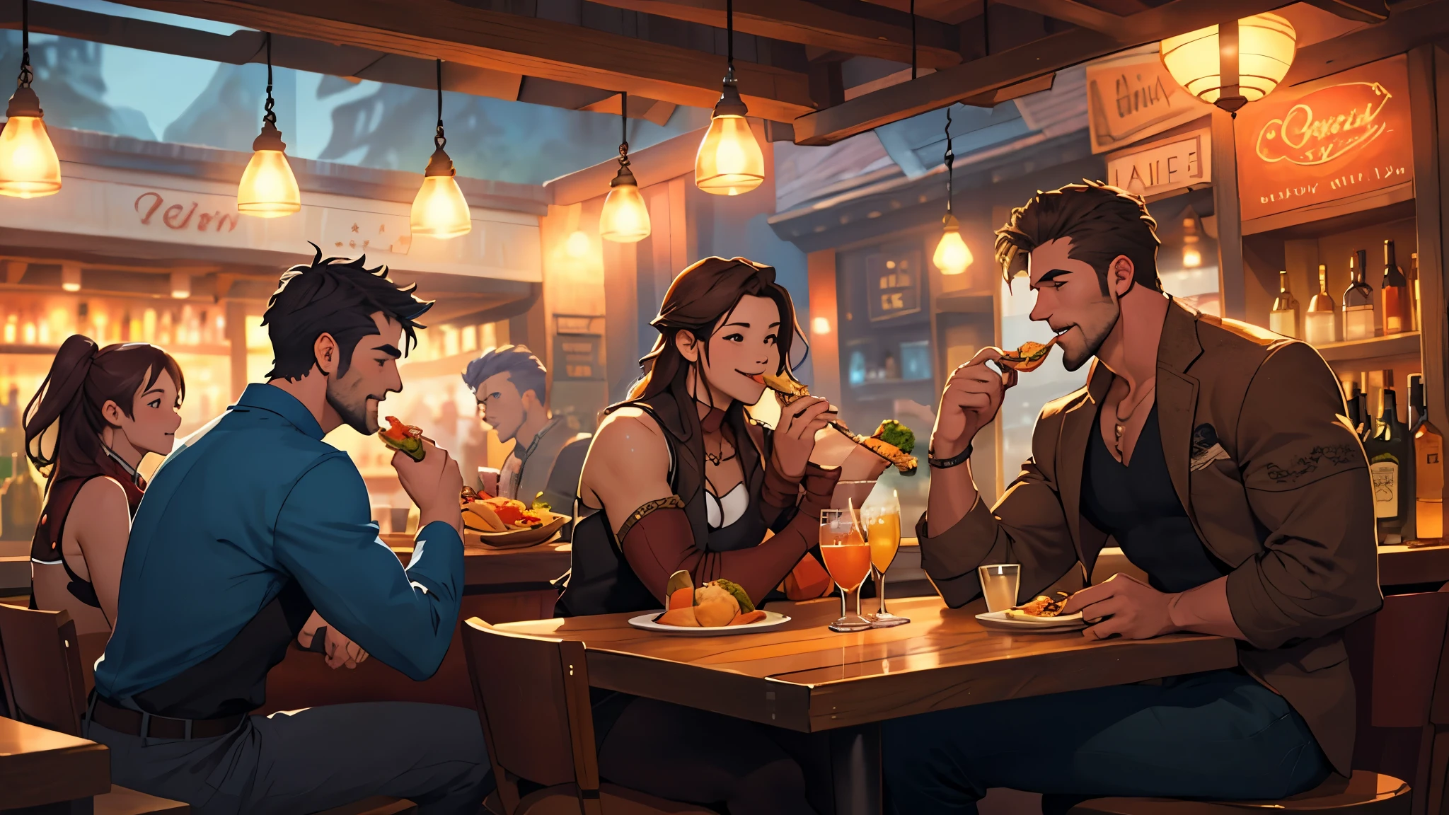 Different world, eating with friends in a bar, one cute girl, two handsome guys, friends, adventurers, fantasy, high quality,