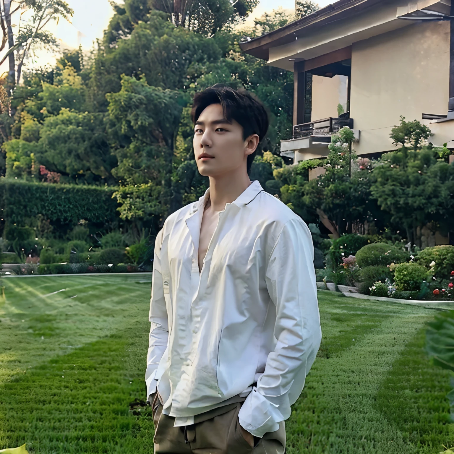 A young Korean man. With an attractive and beautiful face. Muscular and masculine body. Dressed, she is standing in the garden of her villa ,4K quality