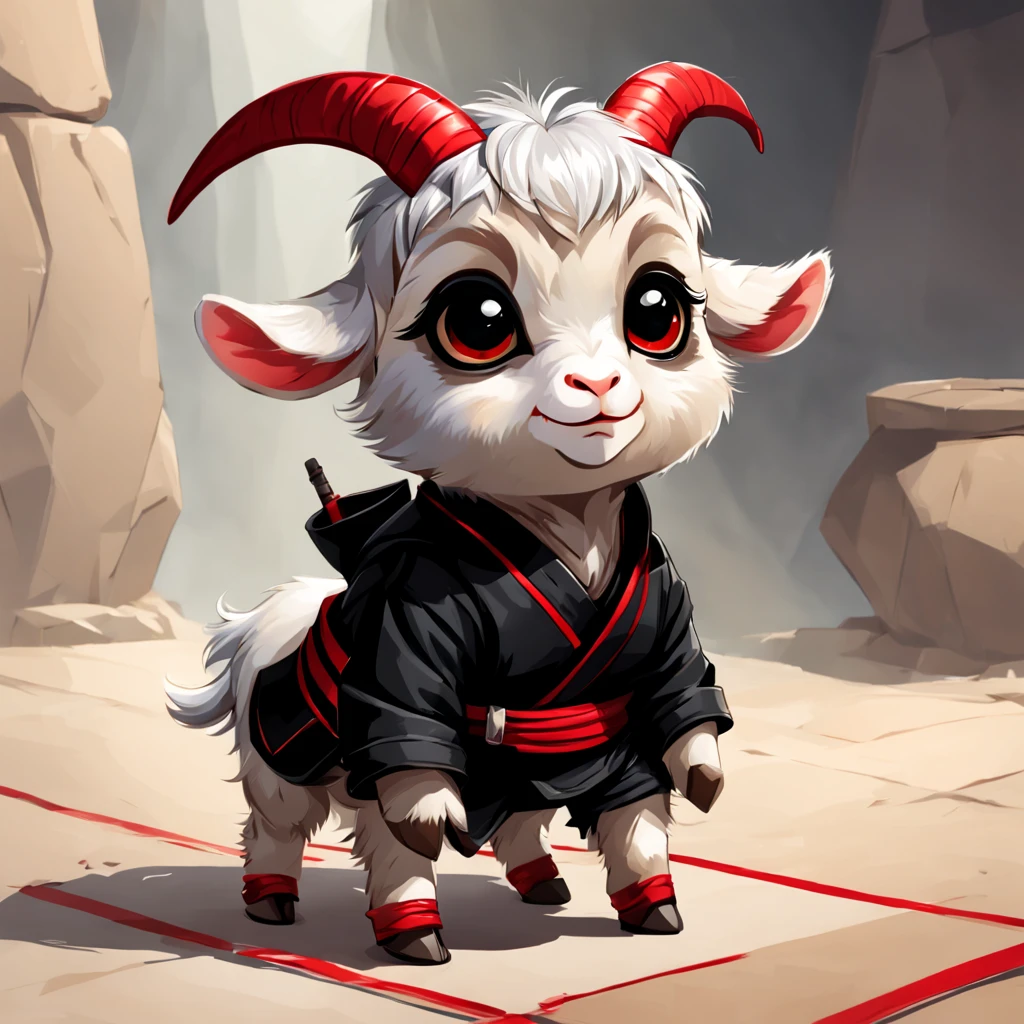 cutepets, Bipedal creature resembling a goat with silver hair and wearing a black ninja outfit with red strips and silver lurking in the shadows