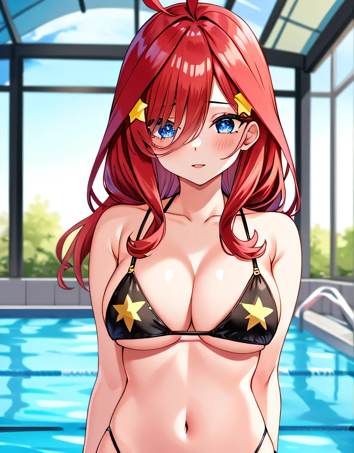 nakano itsuki,redhead,long hair,star hair ornament,Ahoge,(big breasts:1.5),looking at the viewer,Are standing,(((masterpiece))),((highest quality)),perfect anatomy,8k UHD,highly detailed face,shiny and glossy,((1 girl)),((alone)),(detailed and beautiful eyes:1.5),perfect image,(Upper body:1.1),(look ahead:1.1),turn your arms behind your back,slim waist,(shiny hair),super detailed,disorganized,indoor pool,deep cleavage,micro bikini,