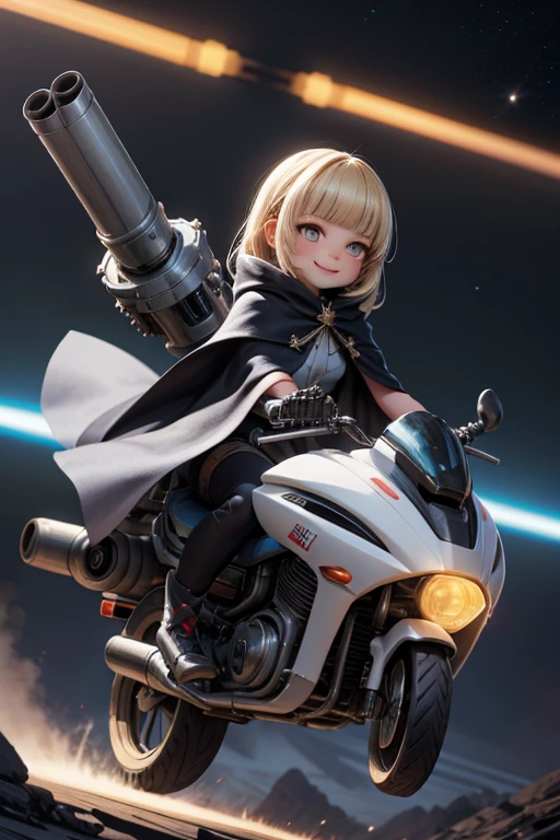 masterpiece, best quality, a cute girl smiling, intergalactic hero, science fiction, riding a mecha, (action:1.2), cloak, (Gatling gun:1.2), glowing, alien environment , 