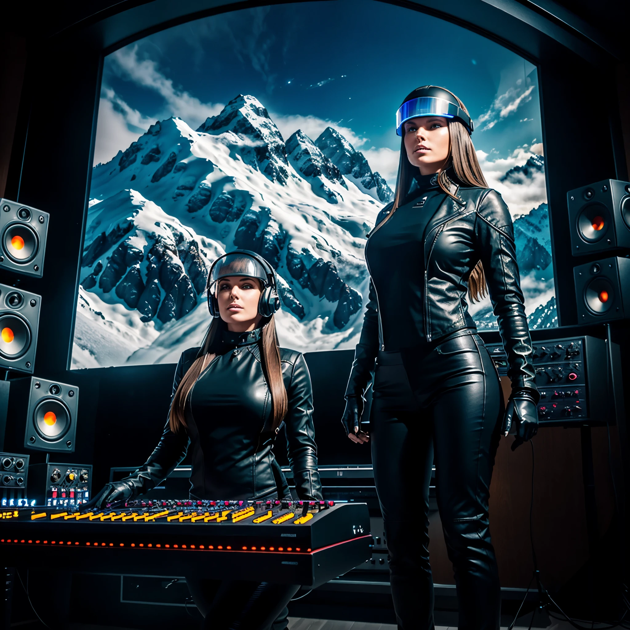 futuristic rock band, the vocalist is a slim female cyborg with awesome face, scandinavian type, tanned, brown long hair, flat chest, black leather jacket with wide sleeves and shoulders, black t-shirt completely covering her flat chest, gloves, leather pants, small head, keybord player is a stunning cyborg female wearing a helmet with visor and sparkling neural chips. They are in a very large recording studio with monitors showing audio waves, audio speakers, Moog synthesizers, large window with mountains with snow, ultra HD, perfect and extremely realistic face