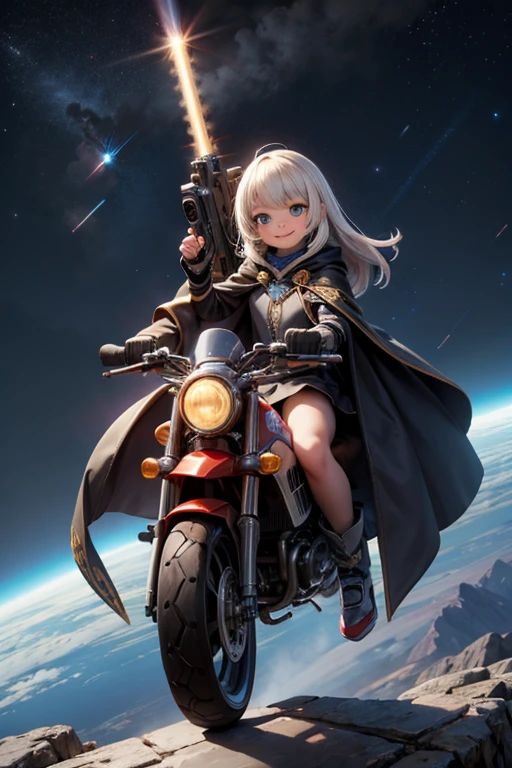 masterpiece, best quality, a cute girl smiling, intergalactic hero, science fiction, riding a mecha, (action:1.2), cloak, (Gatling gun:1.2), glowing, alien environment , 