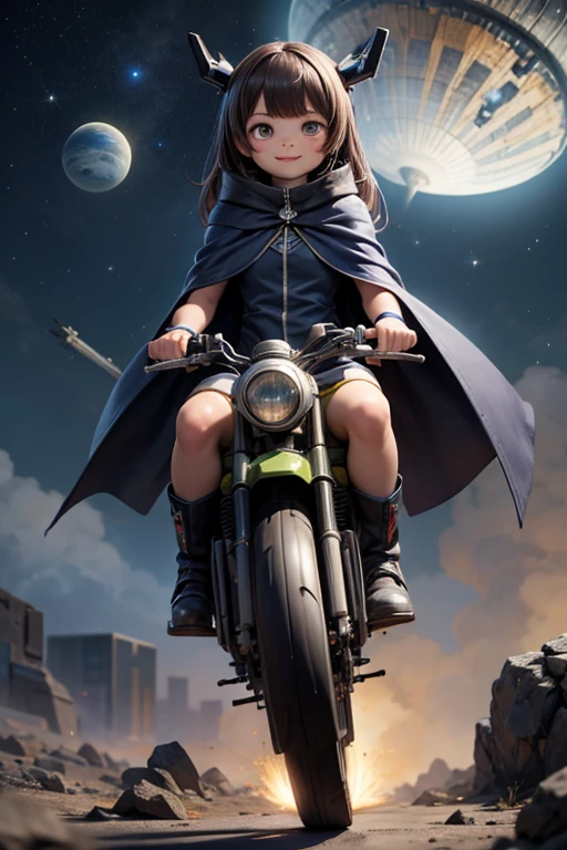 masterpiece, best quality, a cute girl smiling, intergalactic hero, science fiction, riding a mecha, (action:1.2), cloak, (Gatling gun:1.2), glowing, alien environment ,