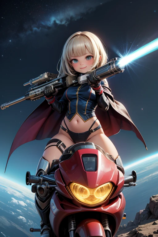 masterpiece, best quality, a cute girl smiling, intergalactic hero, science fiction, riding a mecha, (action:1.2), cloak, (Gatling gun:1.2), glowing, alien environment ,