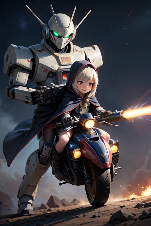 masterpiece, best quality, a cute girl smiling, intergalactic hero, science fiction, riding a mecha, (action:1.2), cloak, (Gatling gun:1.2), glowing, alien environment ,