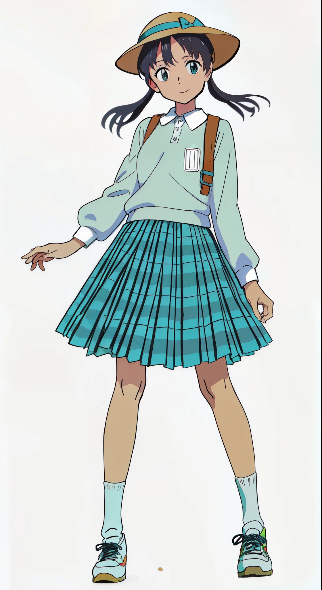 (best quality:1.0), (masterpiece:1.0), (super fine illustration:1.0), (beautiful artwork:1.0), (anime screencap:1.0), (official art:1.0), (cheerful:1.5), (light smile:1.5), (detailed beautiful eyes:1.25), (detailed beautiful face:1.25), (glowing black eyes:1.0), (white background:1.0), (best quality:1.0), (masterpiece:1.0), (super fine illustration:1.0), (beautiful artwork:1.0), (anime screencap:1.0), (official art:1.0), (full body:1.0), (solo:1.0), (ESGA:1.0), (a 12yo cute girl:1.25), (yellow hat:1.25), (red backpack:1.0), (long skirt:1.0), (green tartan skirt:1.0), (pleated skirt:1.0), (aqua blue polo shirt:1.0), (long sleeve polo shirt:1.0), (sneakers:1.0), (white socks:1.25), (ideal ratio body proportions:1.25), (lanky:1.25), (tall:1.25), (slender:1.25), (small breasts:1.25), (smaller face:1.25), (tareme:1.0), (detailed beautiful eyes:1.25), (detailed beautiful face:1.25), (glowing black eyes:1.0), (short hair:1.0), (low twintails:1.0), (black hair:1.0), (looking at viewer:1.25)