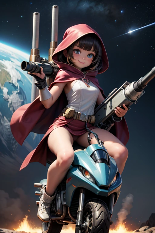 masterpiece, best quality, a cute girl smiling, intergalactic hero, science fiction, riding a mecha, (action:1.2), cloak, (Gatling gun:1.2), glowing, alien environment ,