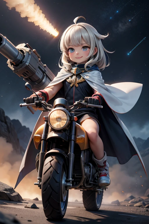 masterpiece, best quality, a cute girl smiling, intergalactic hero, science fiction, riding a mecha, (action:1.2), cloak, (Gatling gun:1.2), glowing, alien environment ,