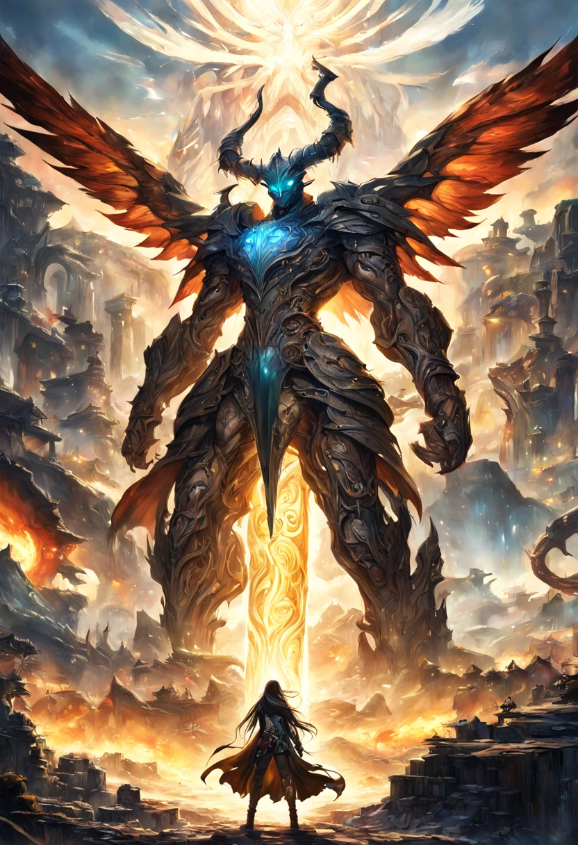 ![Hero of Another World/异世界的英雄/異世界の英雄]], a valiant figure standing atop an ancient ruin, overlooking a fantasy landscape, with a glowing magical sword, ethereal armor reflecting the otherworldly sky, surrounded by mystical creatures and arcane symbols, a blend of Eastern and Western fantasy elements, dynamic heroic pose, a digital painting by Yoshitaka Amano and H.R. Giger, 8K resolution, ultra-detailed character design, atmospheric lighting, vibrant color palette, with a sense of epic adventure and mystery, inspired by Final Fantasy and Berserk