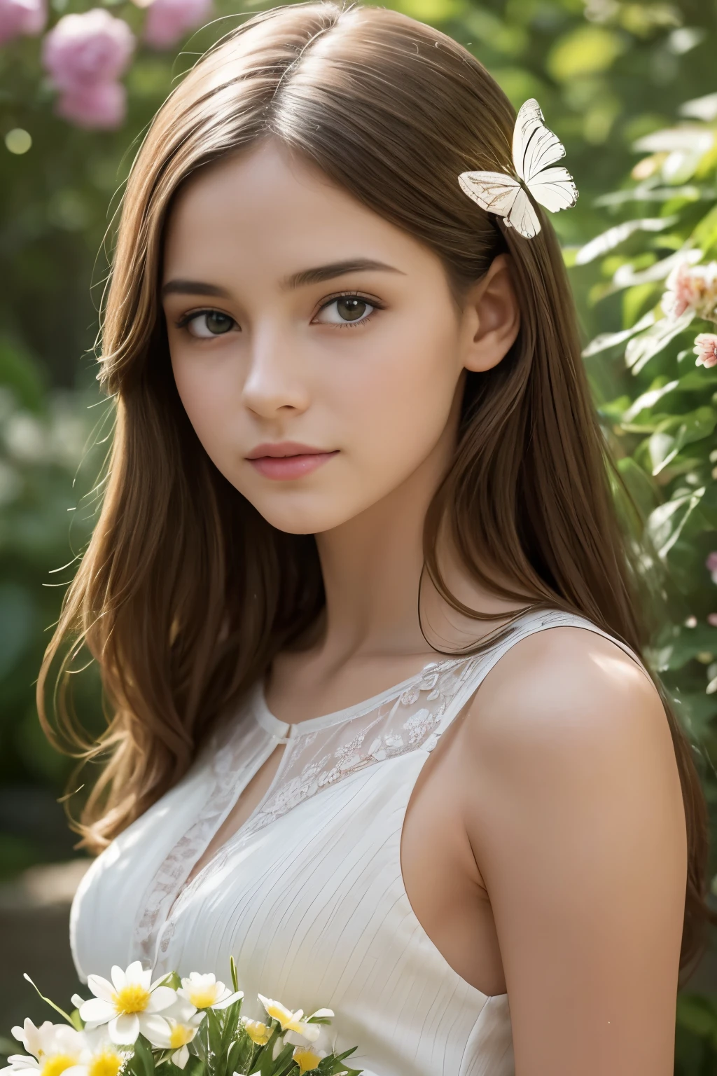 The Girl in the Garden,illustartion,Detailed flowers,Beautiful sunlight,Best Quality,Ultra-detailed,Realistic,PORTRAIT STYLE,bright colours,fine brushwork,dreamy atmosphere,soft shadows,Fresh herbs,peaceful atmosphere,A gentle breeze,The whisper of leaves,A broad perspective,Graceful posture,Harmony between nature and the presence of man,Unearthly beauty,delicate features,Sun-drenched complexion,flowy dress, decorated with floral patterns,Butterflies flutter around,serene expression,Life with peace of mind,Subtle color gradients,evoking a sense of nostalgia,Vivid image of light and shadow,blurred background, highlighting a girl,Meticulous attention to detail,Brilliant capture of the moment,inviting the viewer to step into the peaceful world of the garden