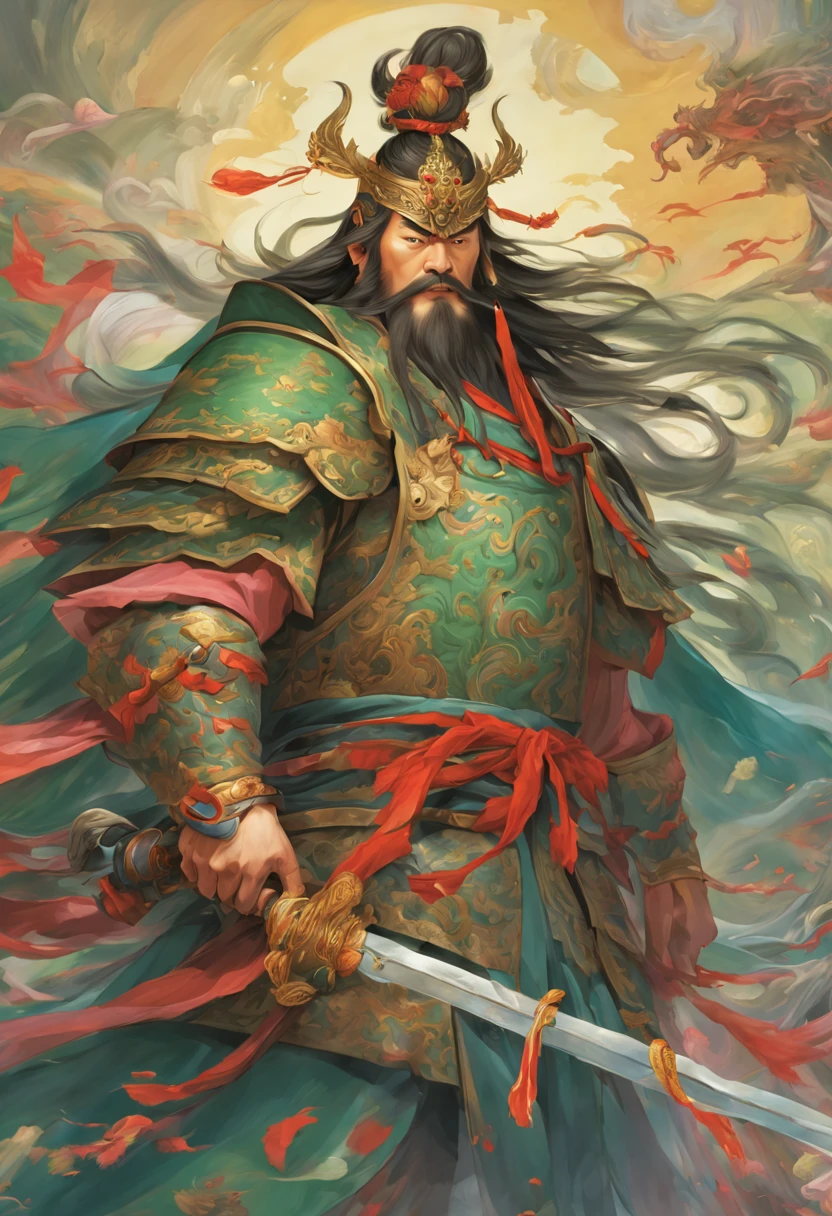 In an alternate realm, the legendary warrior Guan Yu is reborn, transcending time and space. As the iconic hero in this mystical land, he wields a celestial blade, clad in resplendent armor adorned with mythical symbols. Surrounded by ethereal landscapes and mythical creatures, his stoic expression exudes both strength and wisdom. The canvas captures the essence of his heroic journey, with vibrant colors depicting battles against fantastical foes. A masterpiece, the portrait immortalizes Guan Yu's valor, ensuring his tale echoes through generations in this enchanted world.