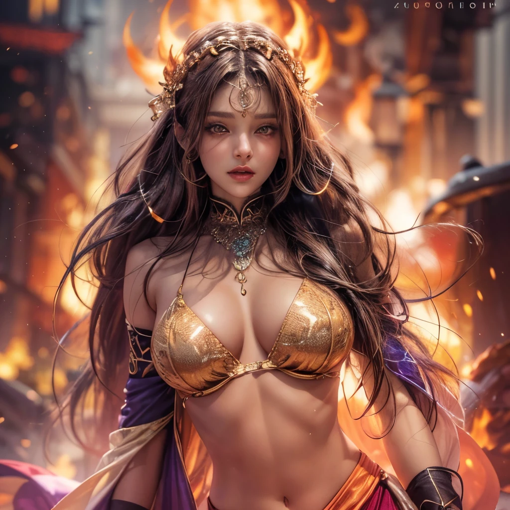 (NSFW:-1, Exposed:0.7), (((nipple:-0.99))), (Acutance:0.85, Ultra-detailed:1.35), (Masterpiece, best quality, highres, realistic:1.37), (sexy woman clad in flames:1.2), (all outfits made of flames:1.2), (colorful lights Sparkling in blurred background:1.2), detailed gaze, seductive lips, alluring pose, mesmerizing atmosphere, ruins, Burning Sky .