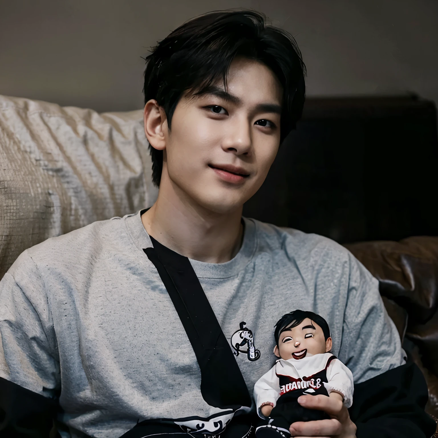 A Korean man. With a masculine and beautiful and good-looking face, medium nose, small lips, angle of the jaw, droopy and black eyes. Black hair that is styled upwards. Muscular and masculine body, tall. Black t-shirt, home comfort pants.* He is lying on the couch and laughing , He is holding a doll in the shape of a strawberry in his hands*