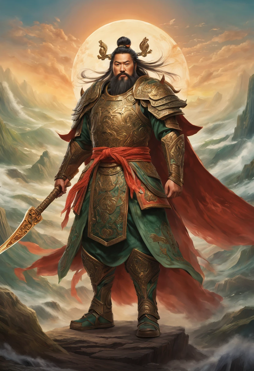 In an alternate realm, the legendary warrior Guan Yu is reborn, transcending time and space. As the iconic hero in this mystical land, he wields a celestial blade, clad in resplendent armor adorned with mythical symbols. Surrounded by ethereal landscapes and mythical creatures, his stoic expression exudes both strength and wisdom. The canvas captures the essence of his heroic journey, with vibrant colors depicting battles against fantastical foes. A masterpiece, the portrait immortalizes Guan Yu's valor, ensuring his tale echoes through generations in this enchanted world.