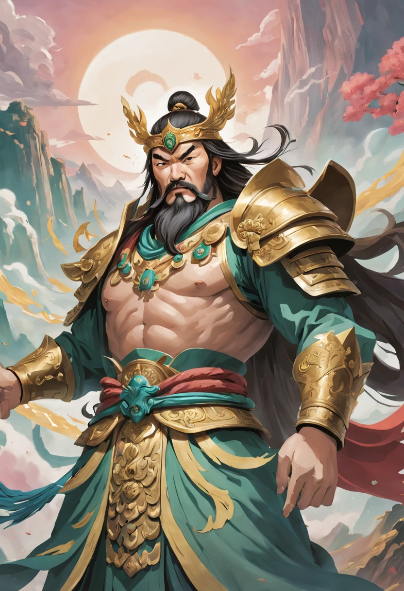 In an alternate realm, the legendary warrior Guan Yu is reborn, transcending time and space. As the iconic hero in this mystical land, he wields a celestial blade, clad in resplendent armor adorned with mythical symbols. Surrounded by ethereal landscapes and mythical creatures, his stoic expression exudes both strength and wisdom. The canvas captures the essence of his heroic journey, with vibrant colors depicting battles against fantastical foes. A masterpiece, the portrait immortalizes Guan Yu's valor, ensuring his tale echoes through generations in this enchanted world.